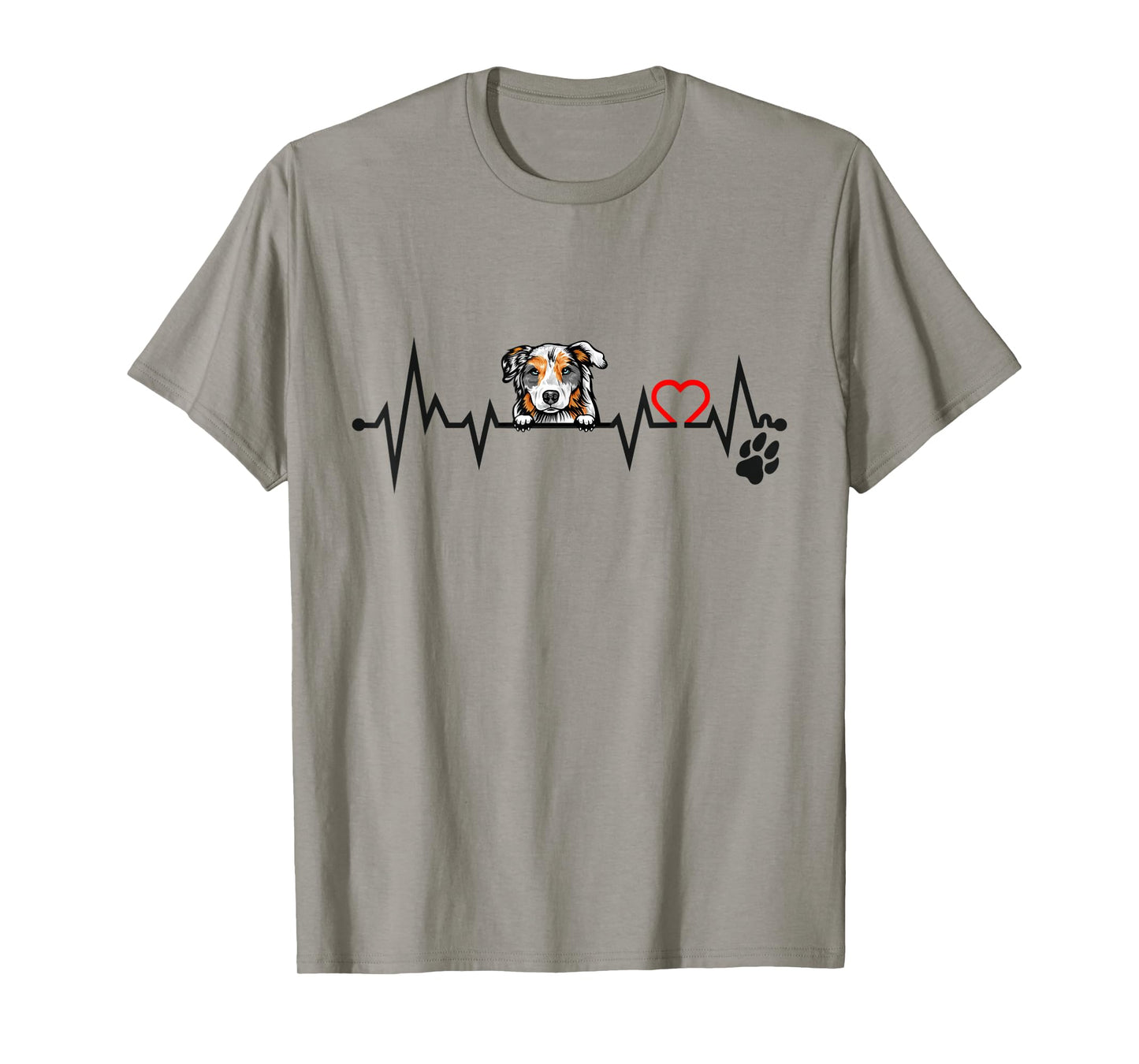 Peeking Australian Shepherd EKG Heartbeat With Paw Print T-Shirt