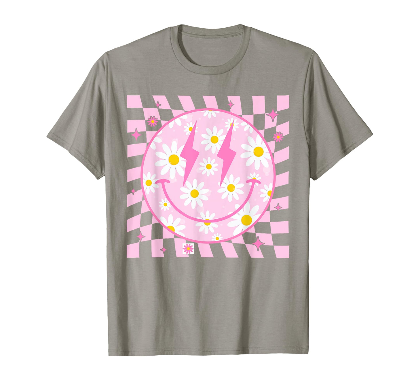 Retro Happy Smile Face Checkered Pattern Pink Daisy Flower T-Shirt