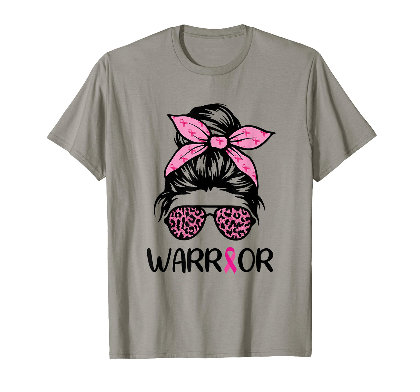 Warrior Breast Cancer Awareness Messy Bun Leopard Pink T-Shirt