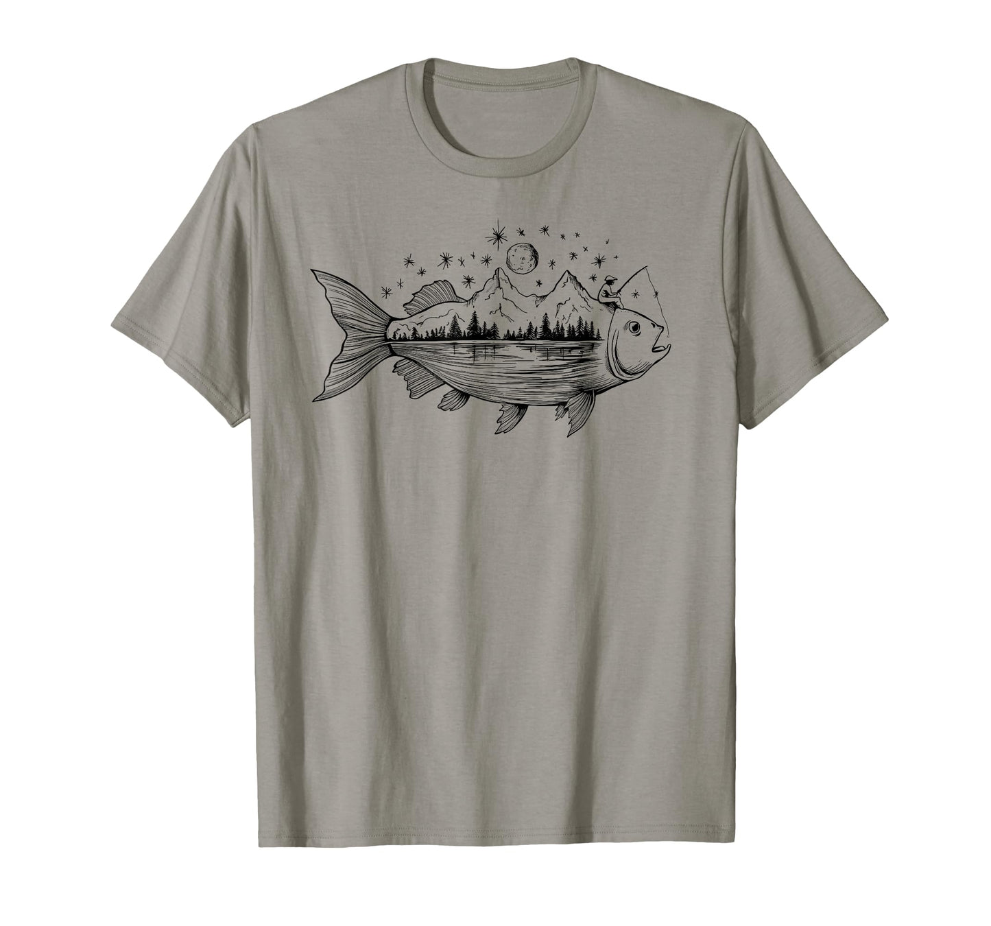 Cool Fish Shaped from Mountains Nature Scene Fishing T-Shirt