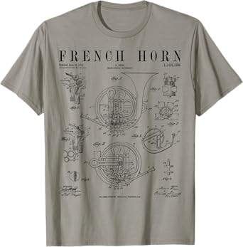 French Horn Old Vintage Antique Patent Drawing Print T-Shirt