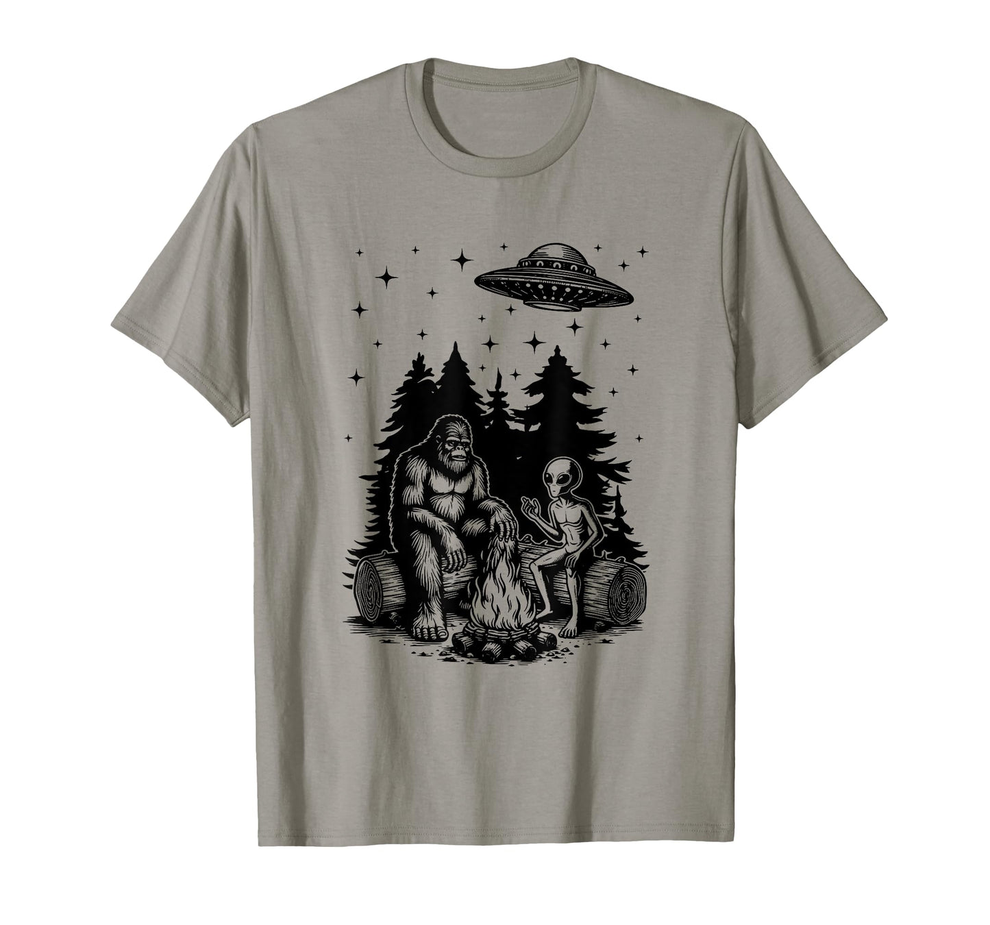 Alien And Bigfoot Campfire Sasquatch UFO For Outdoor Lovers T-Shirt