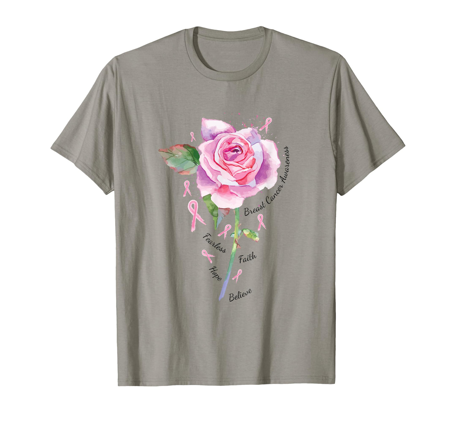 Breast Cancer Shirt Pink Ribbon Rose Fearless Faith Hope T-Shirt