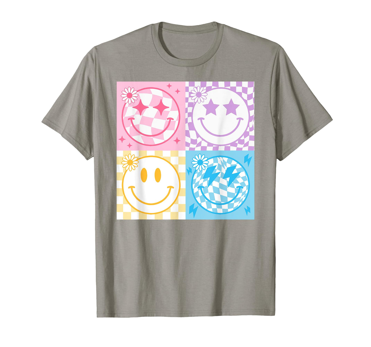 Happy Face Smile Checkered Pattern Retro Vibes Trendy Funny T-Shirt