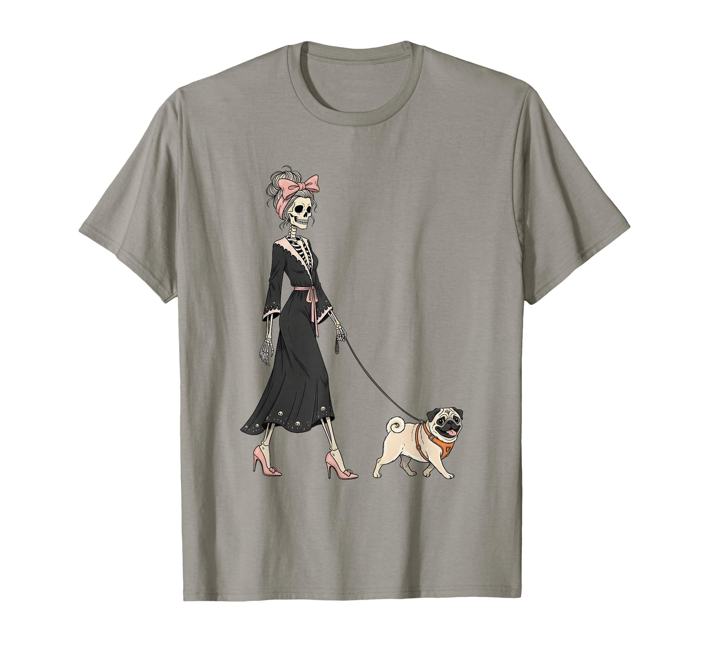 Skeleton Pug Walking Halloween Women T-Shirt