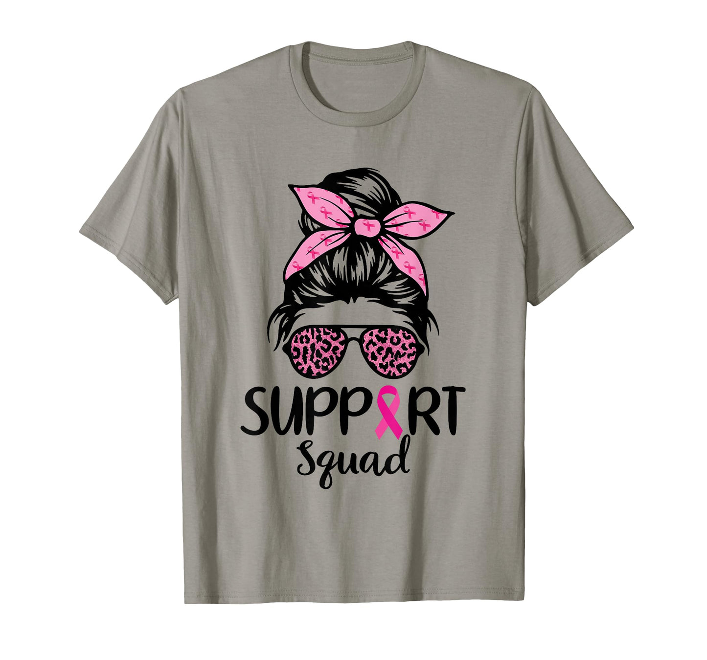 Breast Cancer Awareness Shirt Women Support Squad Messy Bun T-Shirt