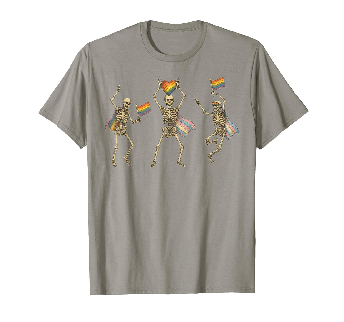 Pride Cute Spooky Skeleton Holding Rainbow Flags Retro Art T-Shirt