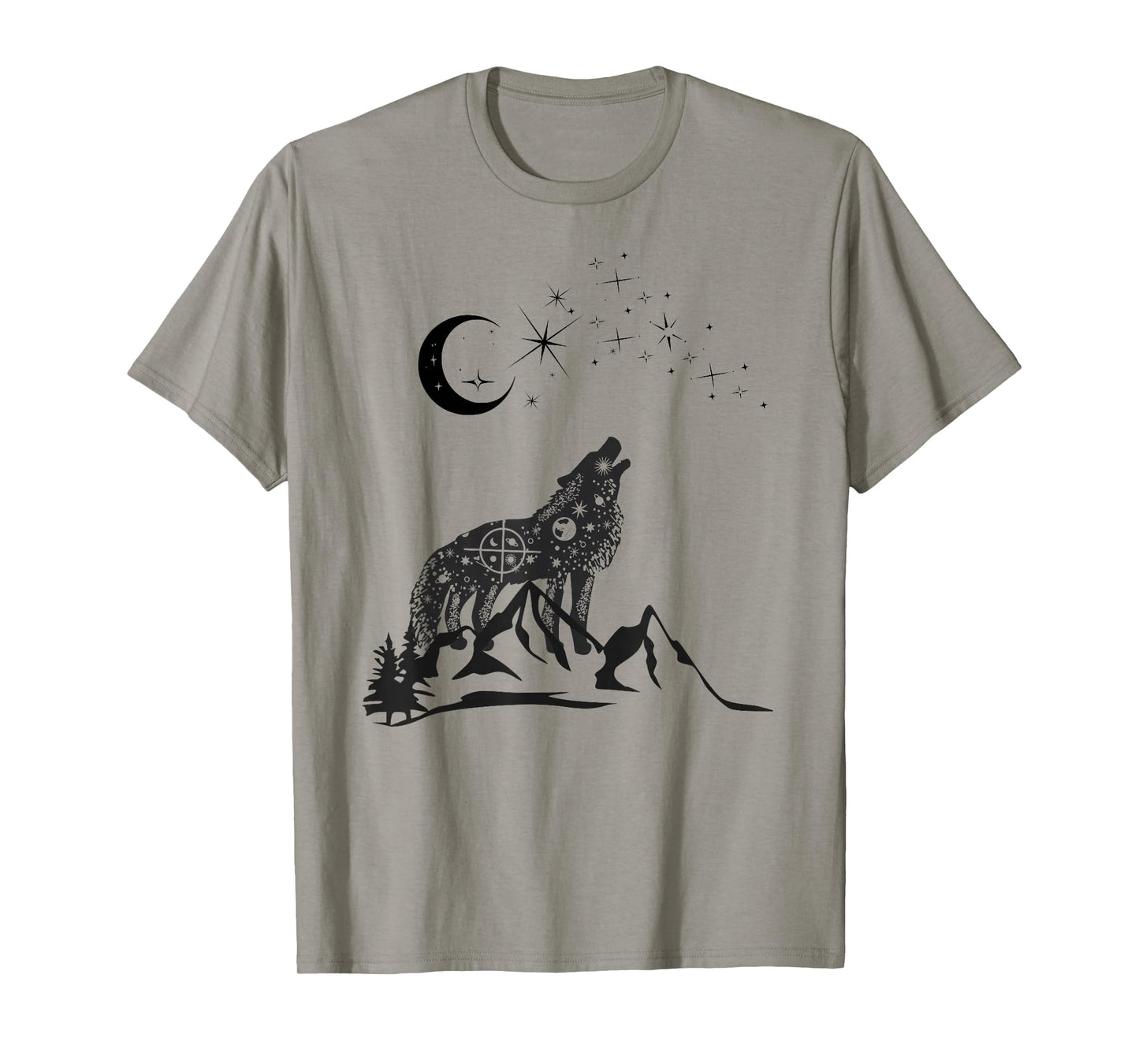 Stars Moon Astrology Wolf Mountain Landscape Black Graphic T-Shirt