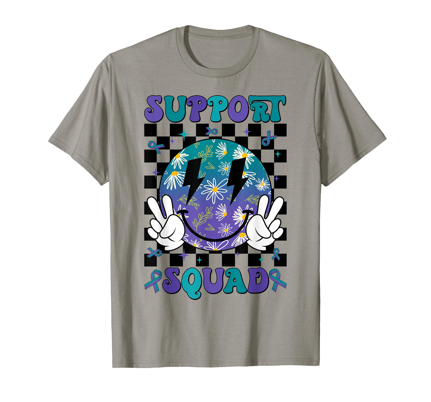 Retro Groovy Support Squad Anal Cancer Purple & Green Ribbon T-Shirt