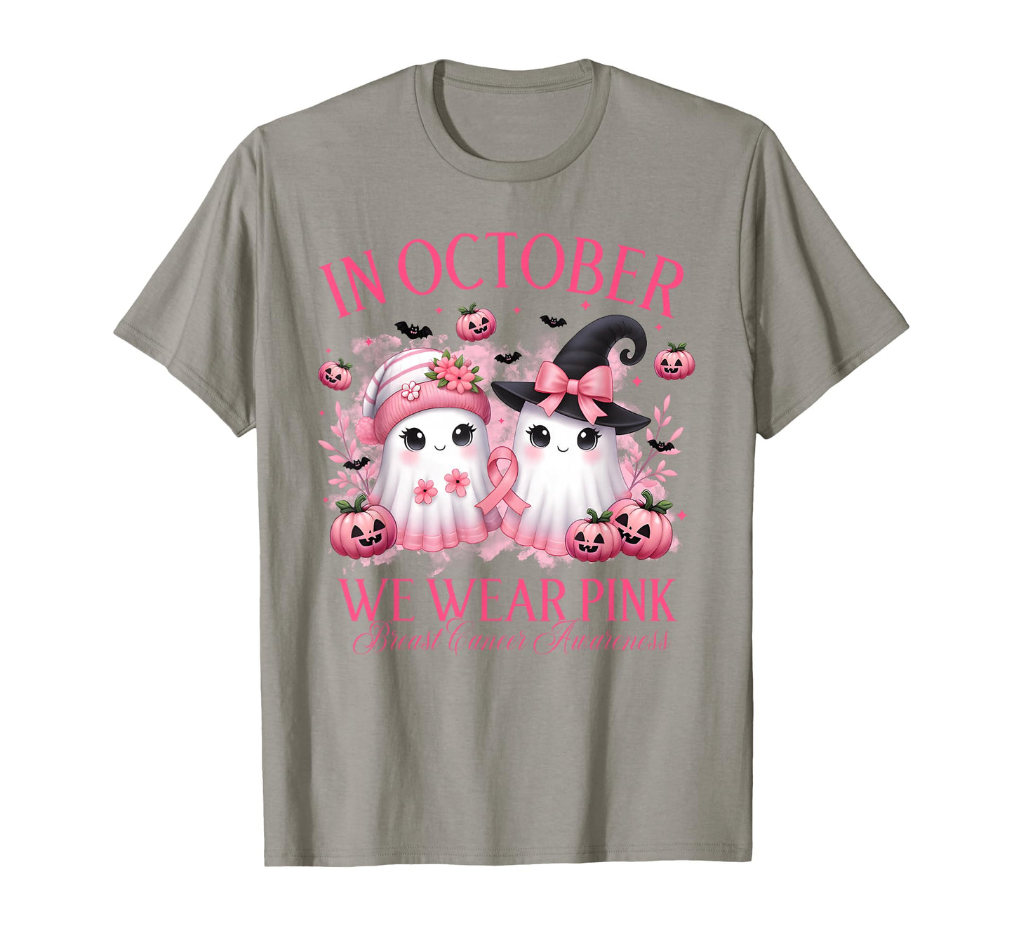 in October We Wear Pink Ghost Witch Breast Cancer Awareness T-Shirt