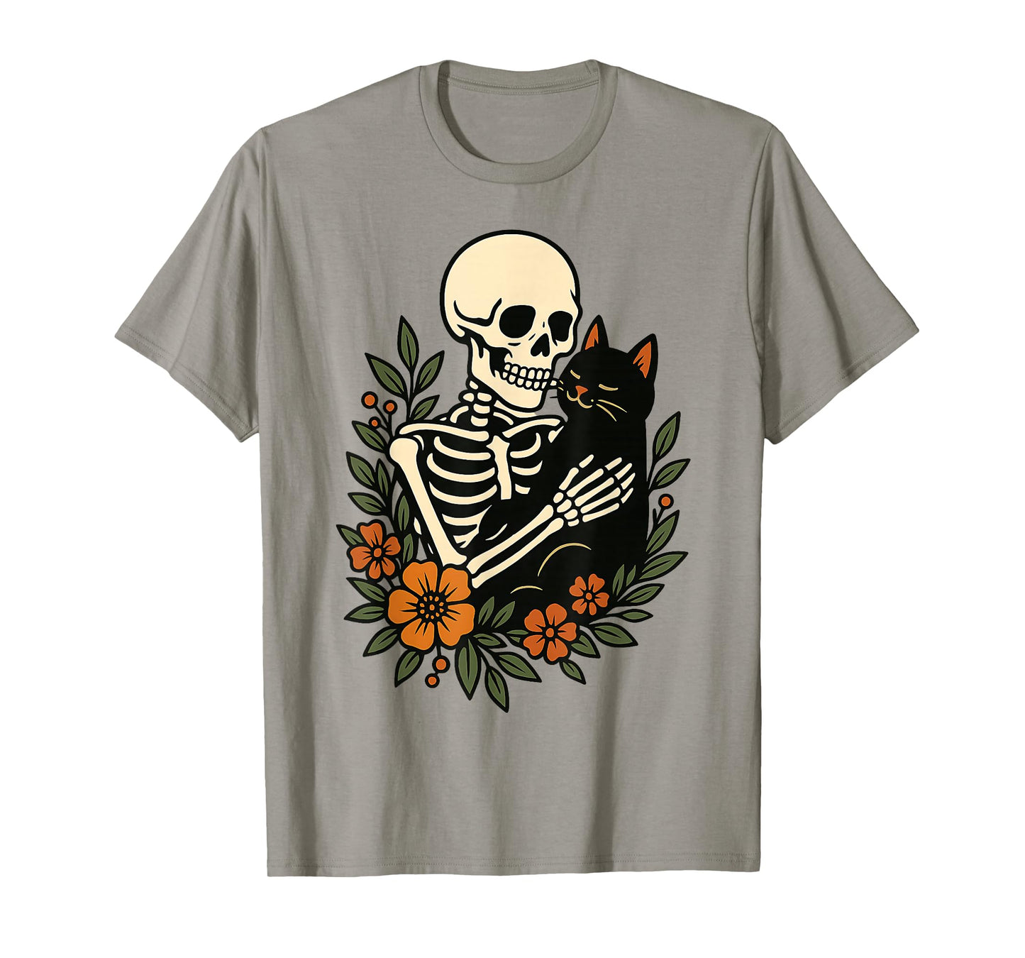 Skeleton Hugging Black Cat Floral Cute Halloween Cat Lover T-Shirt