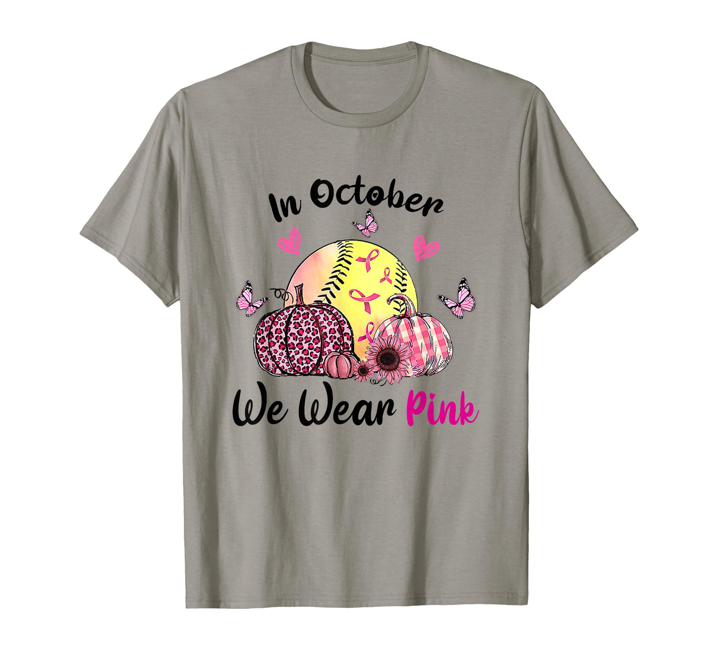 in October We Wear Pink Softball Breast Cancer Awareness T-Shirt