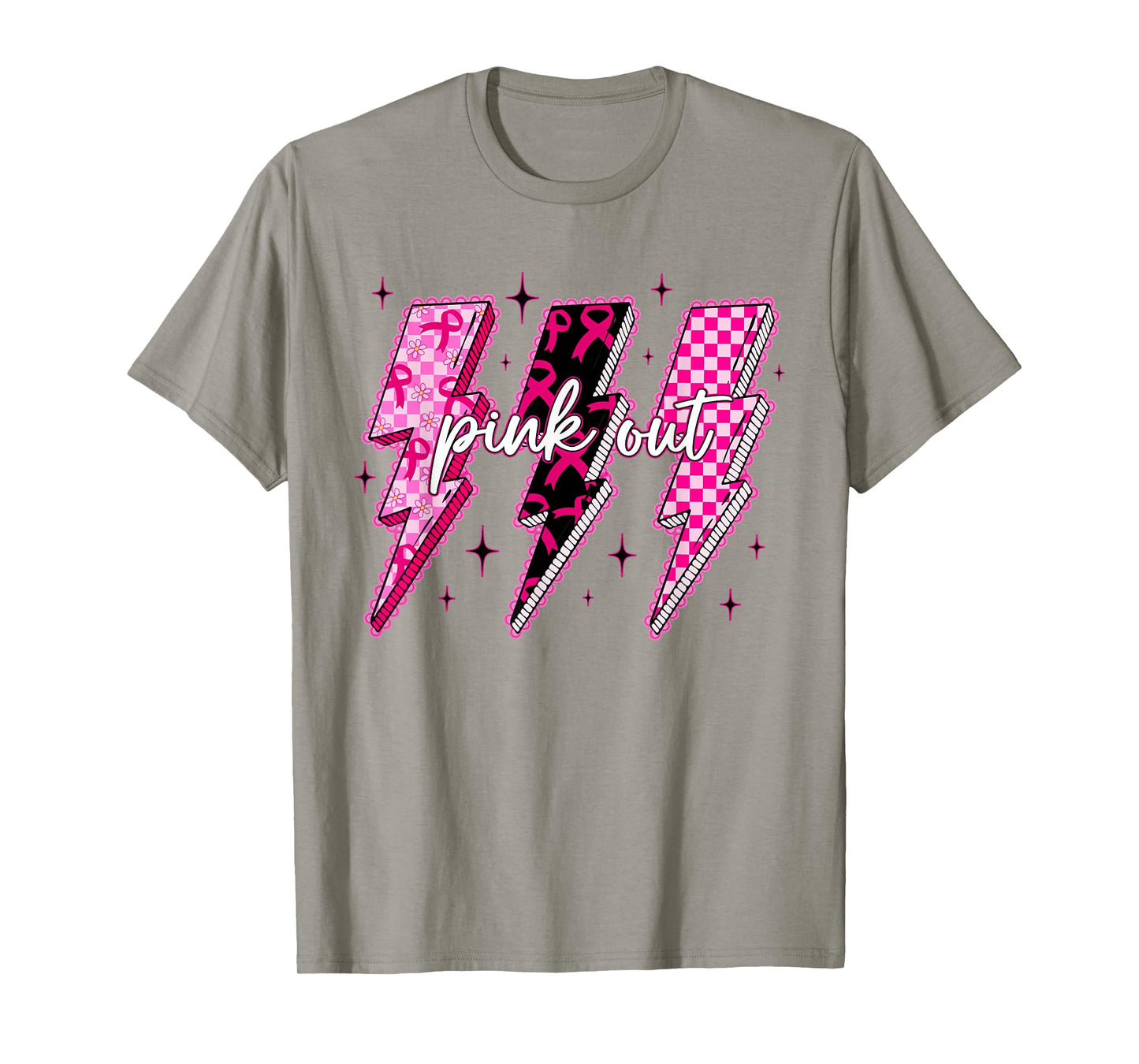 Checkered Lightning Bolt Pink Out Breast Cancer Awareness T-Shirt