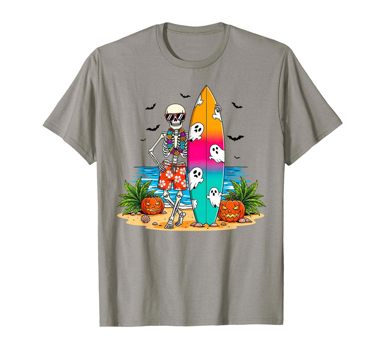 Halloween Skeleton with Surfboard Surfer Summer Beach Hawaii T-Shirt