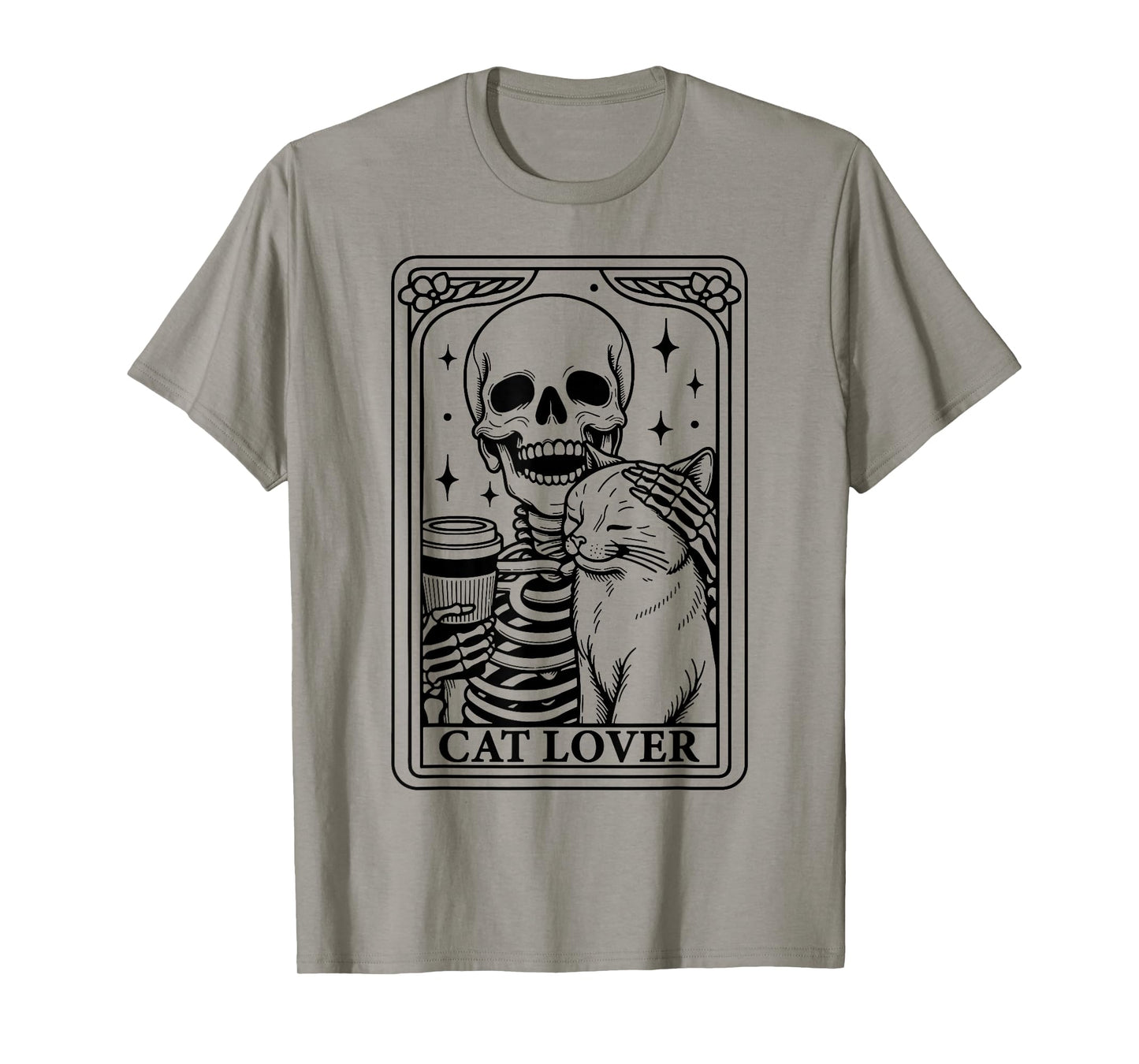Vintage Skeleton Holding Coffee Cup Pet Cat - Cat Lover T-Shirt