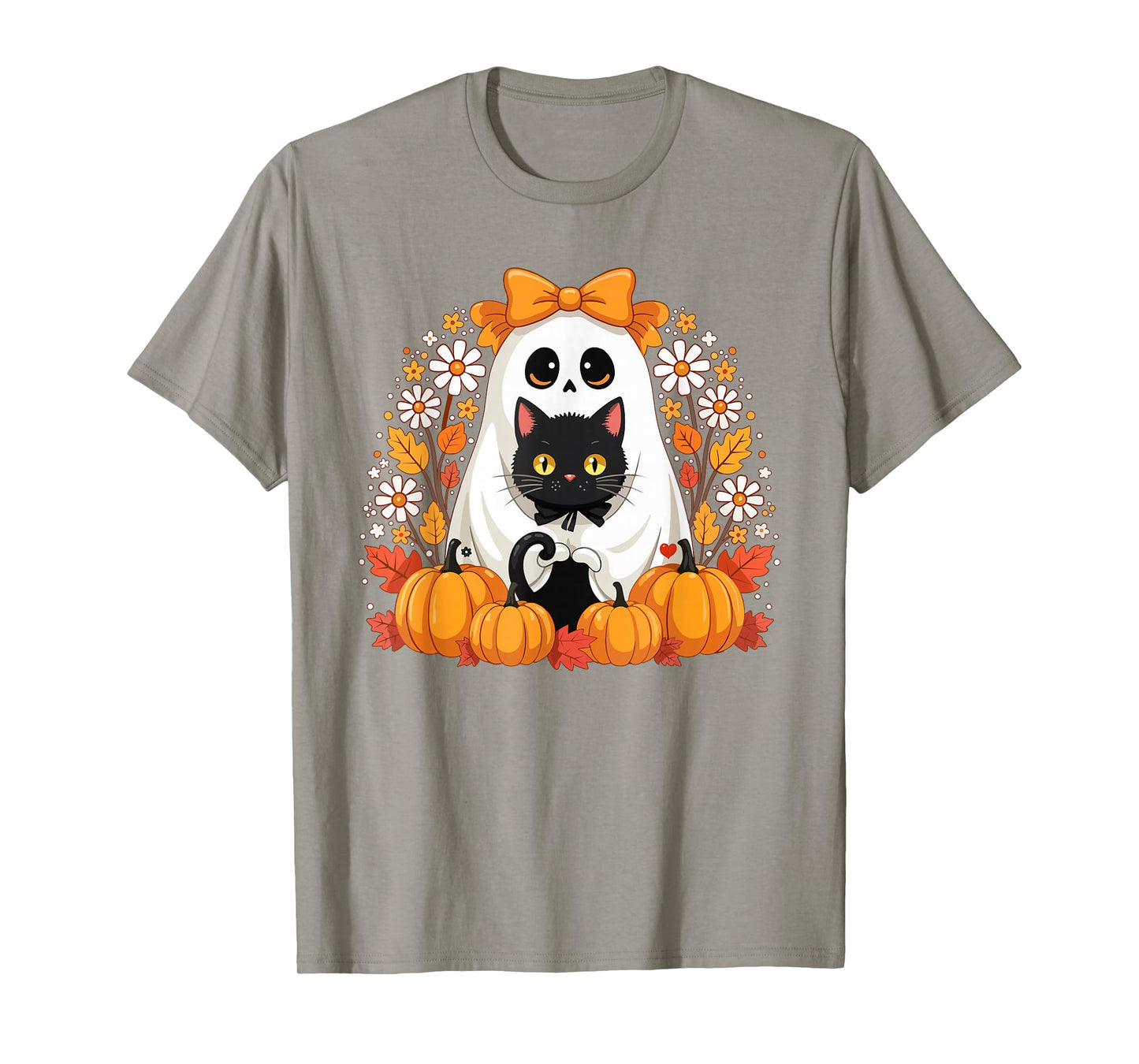 Aesthetic Flower Ghost Holding Black Cat Halloween Women T-Shirt