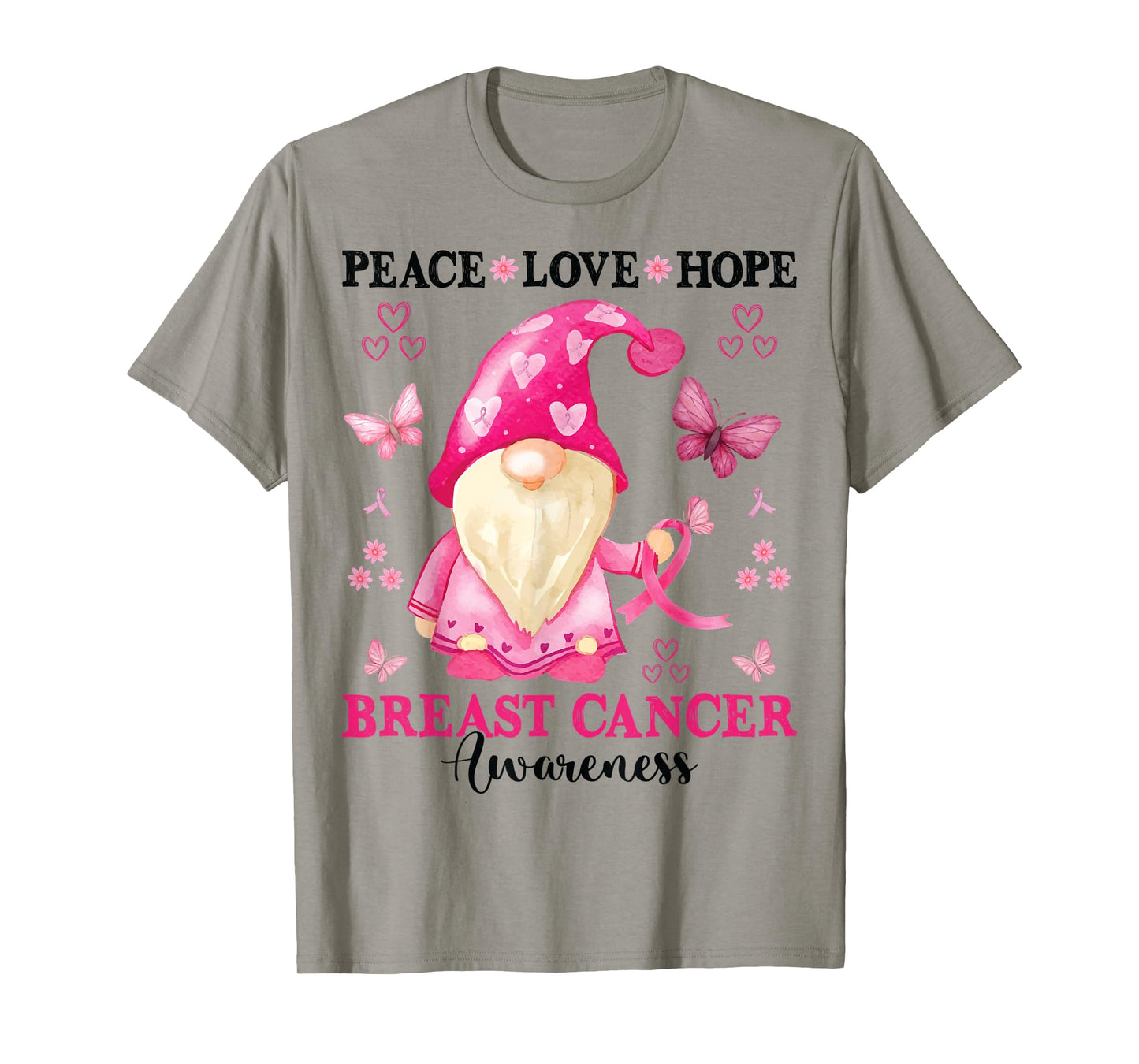 Peace Love Hope Gnome Breast Cancer Awareness Support Pink T-Shirt