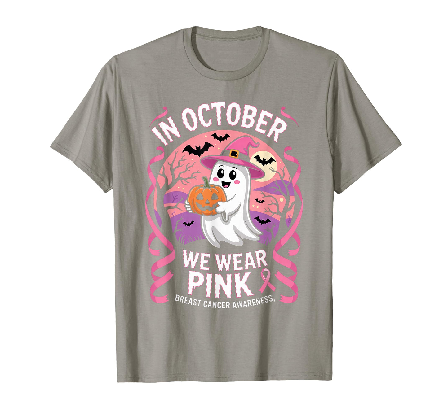 in October We Wear Pink Ghost Halloween Awareness Women T-Shirt