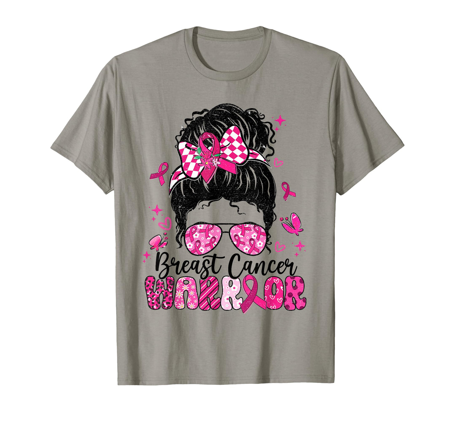 Warrior Messy Bun Pink Ribbon Breast Cancer Awareness T-Shirt