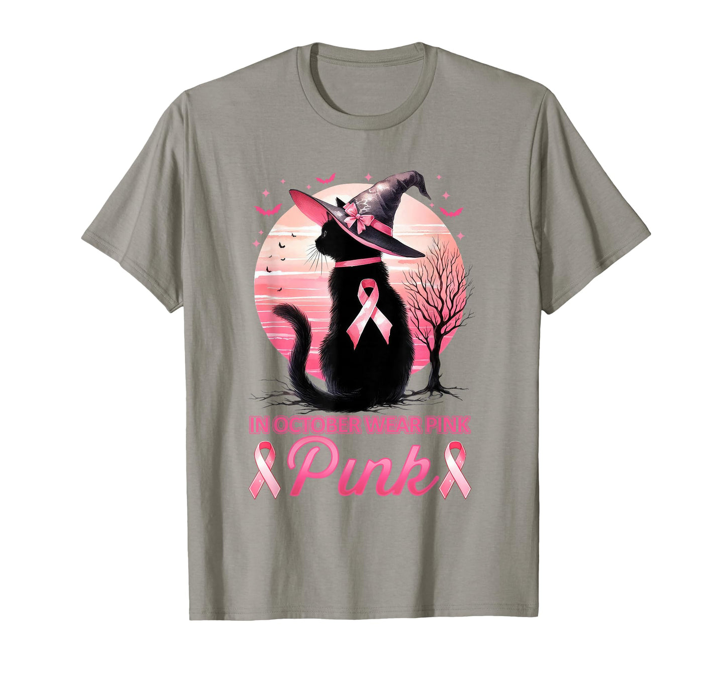 Cat In October We Wear Pink Ribbon Breast Cancer Awareness T-Shirt