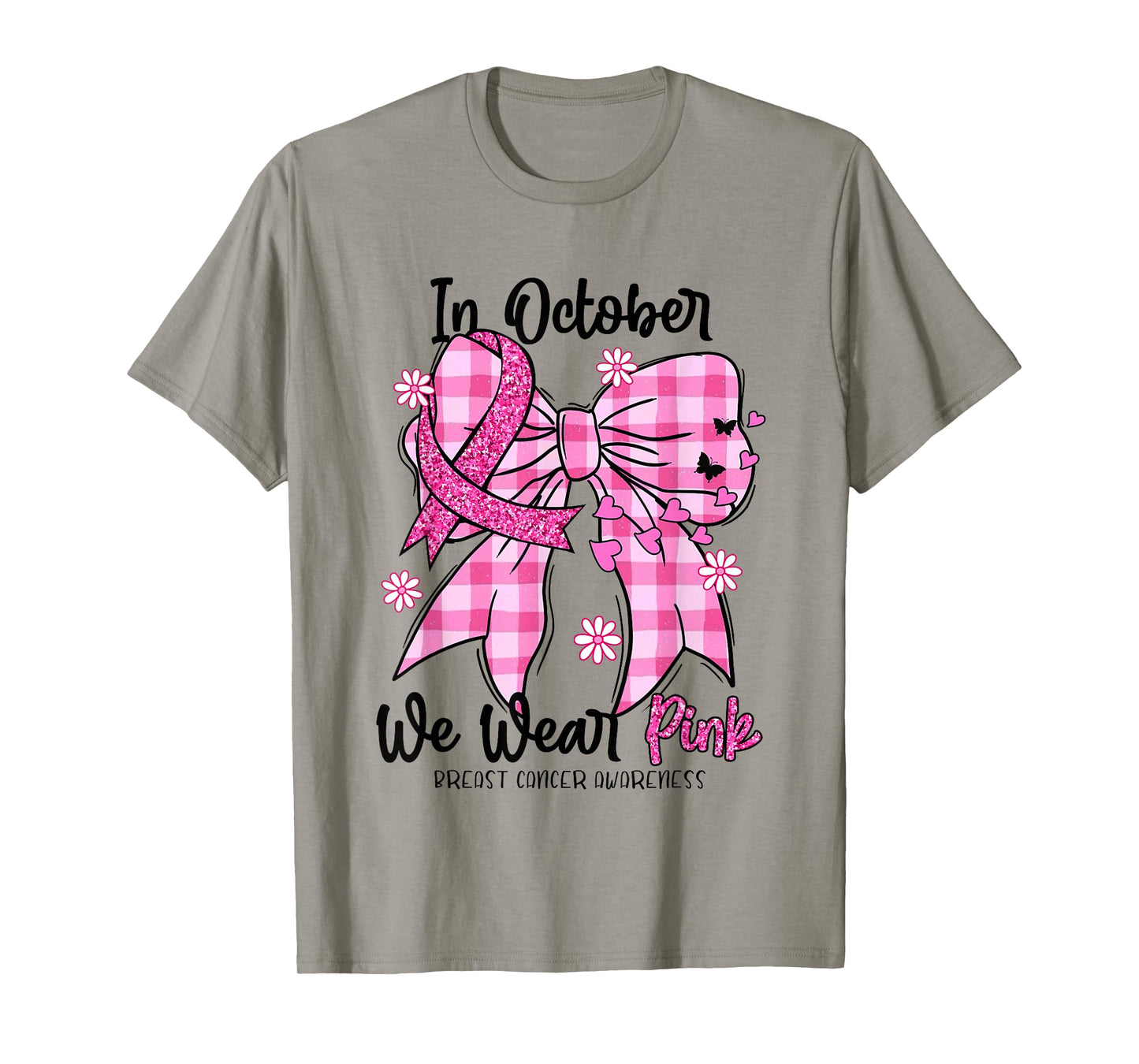 in October We Wear Pink Coquette Bow Breast Cancer Awareness T-Shirt