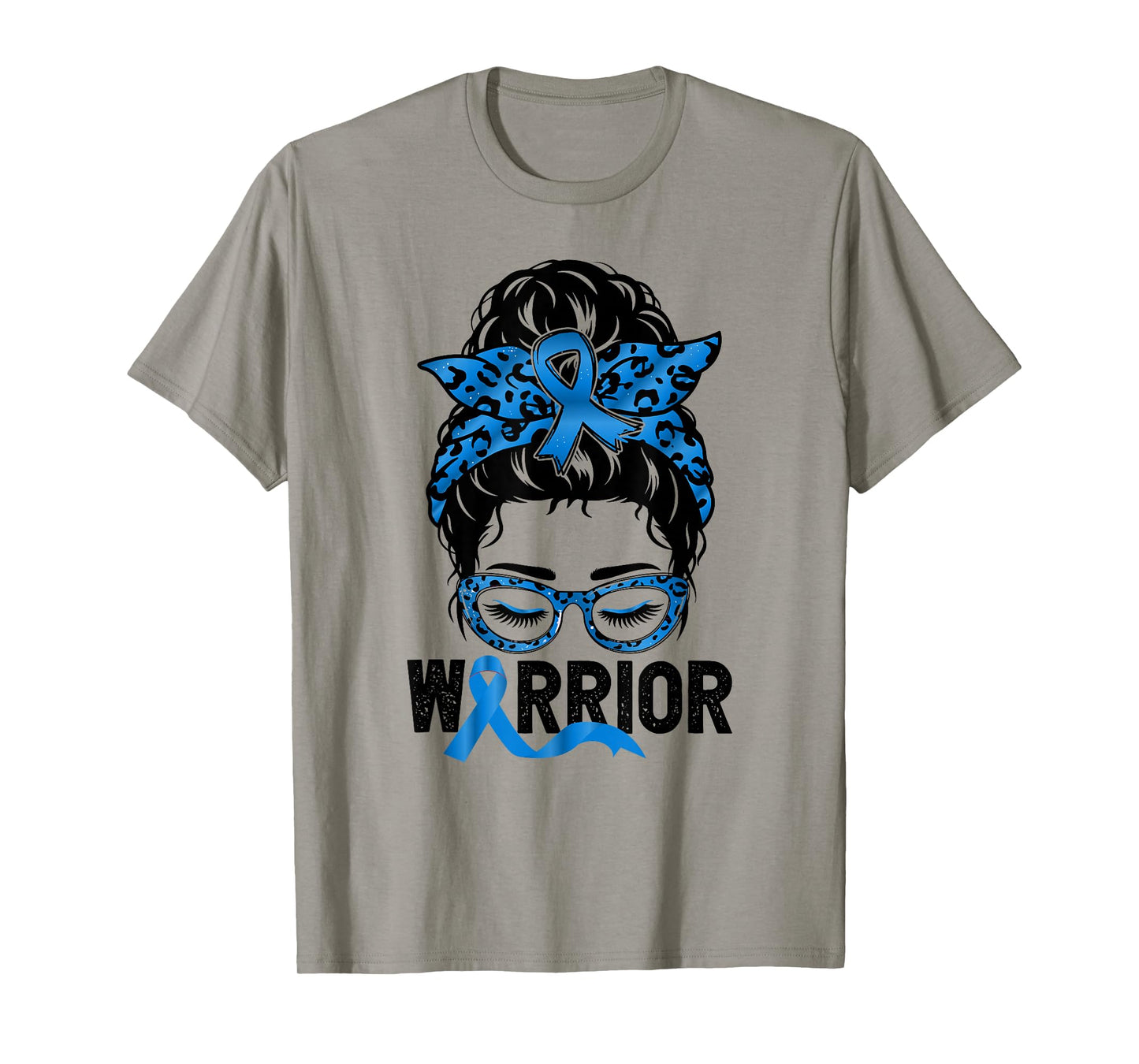 Worrior Messy bun Blue Colon Cancer Awareness Bleached T-Shirt