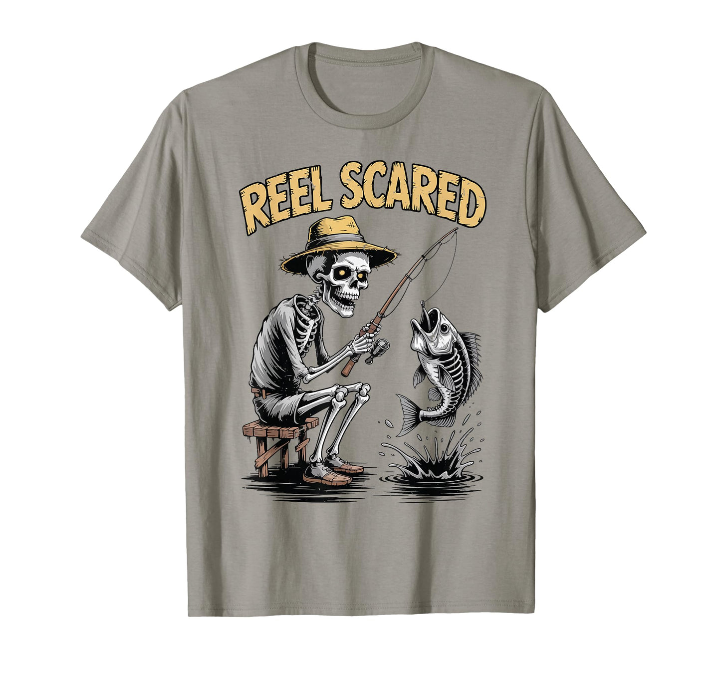 Youth Reel Scared Skeleton Fishing Halloween Funny Fisherman T-Shirt