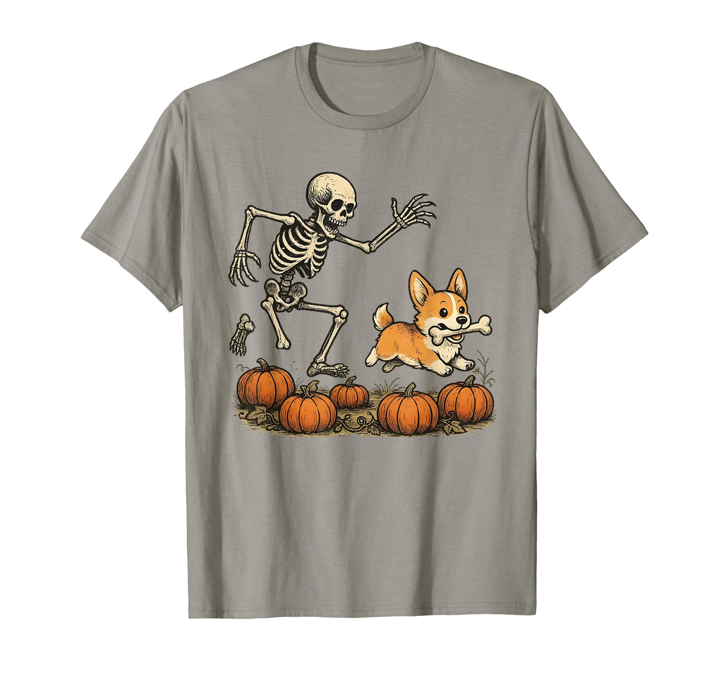 Funny Skeleton Chasing Corgi Halloween Dog Mom Pet Lover T-Shirt