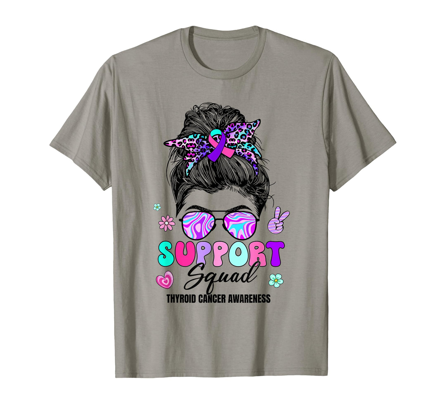 Support Squad Messy Bun Thyroid Cancer Awareness Groovy T-Shirt