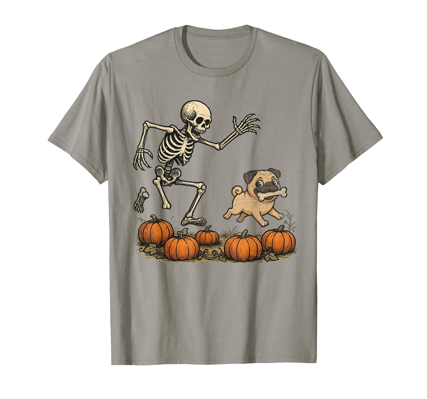 Funny Skeleton Chasing Pug Halloween Dog Mom Pet Lover T-Shirt