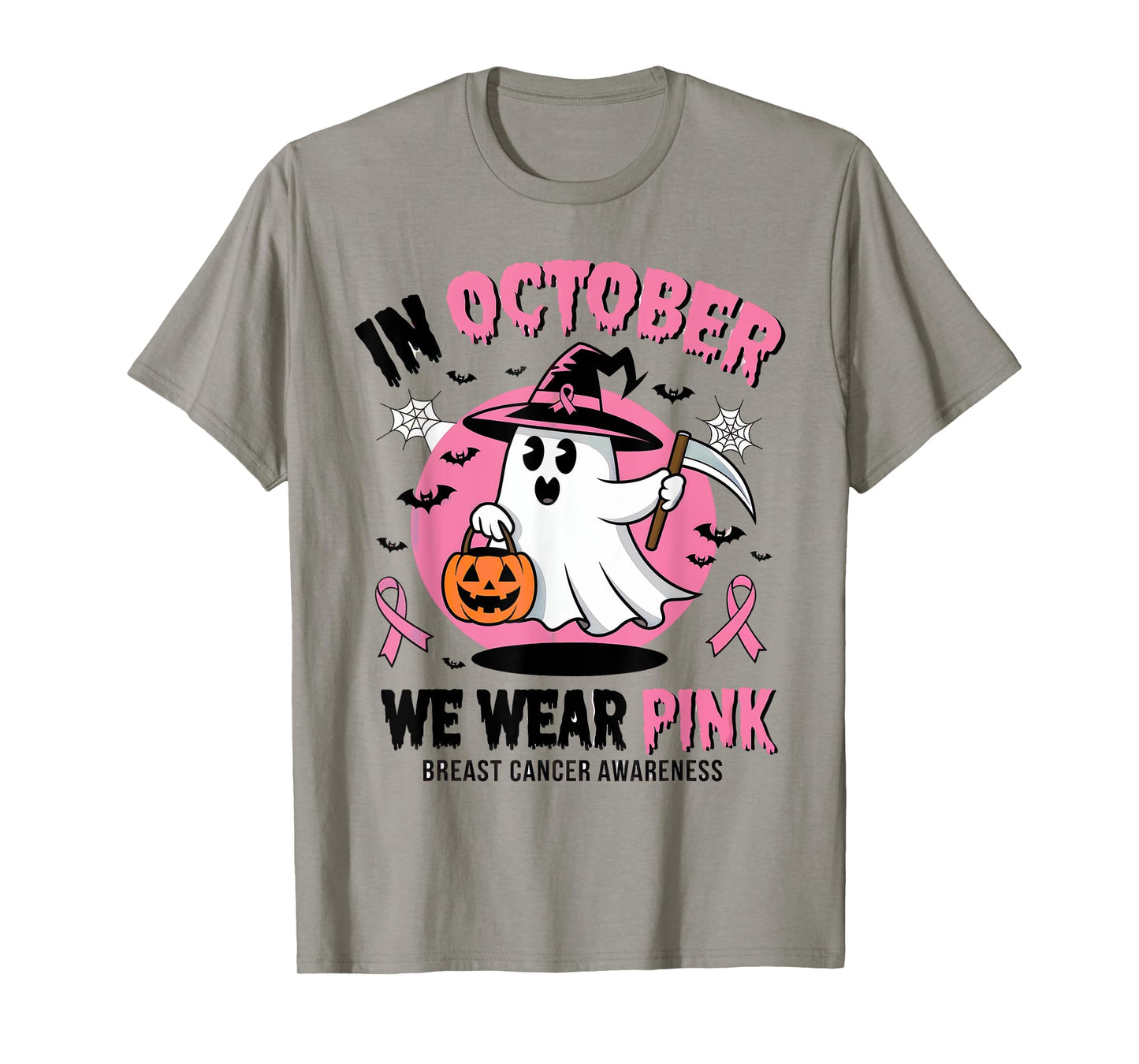 In October We Wear Pink Ghost Witch Breast Cancer Awareness T-Shirt