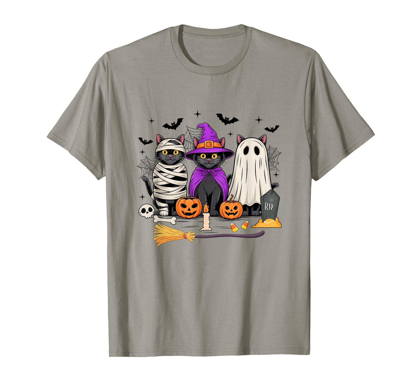 Retro Black Cat Witch Scary Halloween Pumpkin Women Men Kids T-Shirt