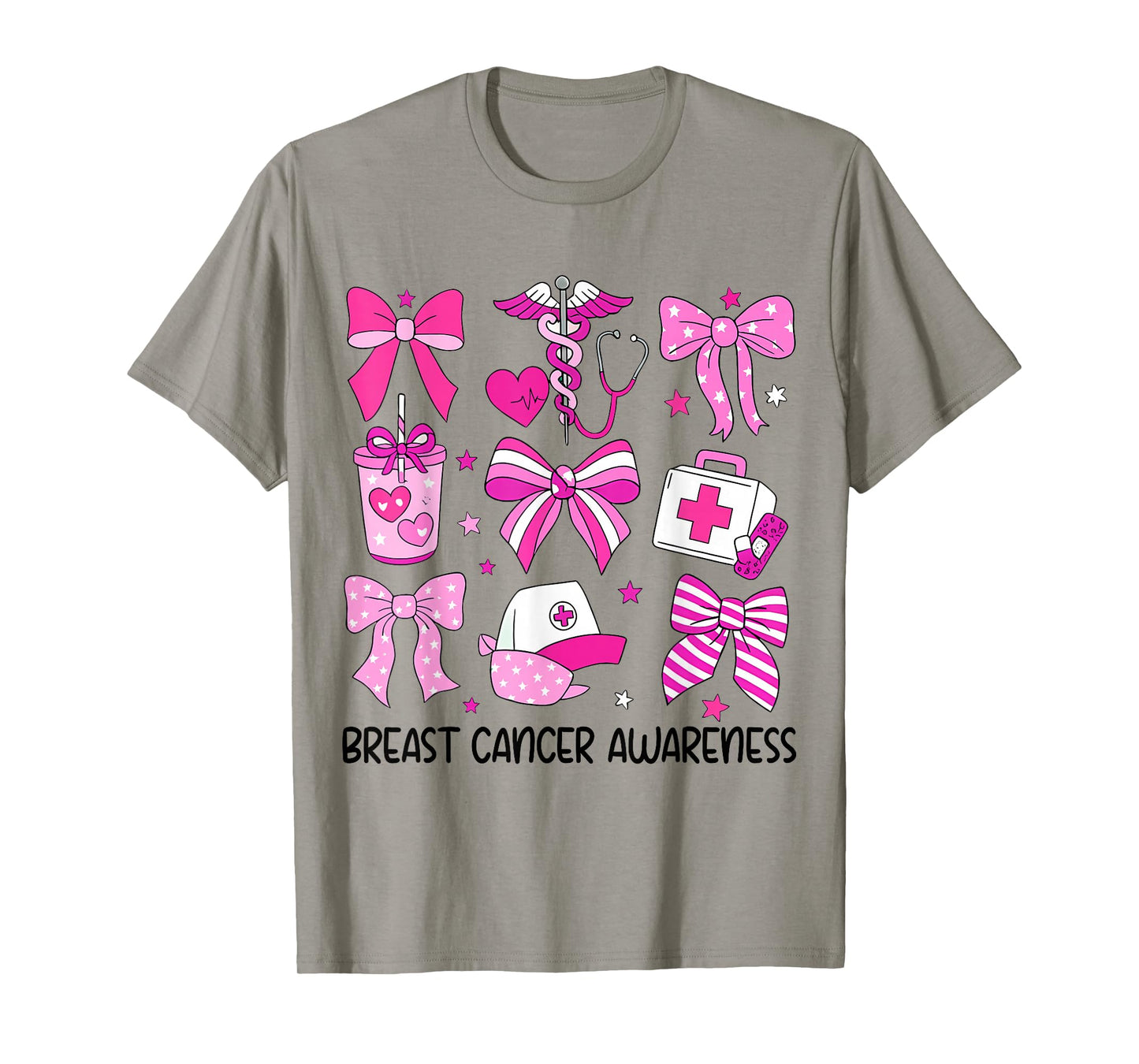 Bow Breast Cancer Awareness Nurse RN CNA Medical Wear Pink T-Shirt