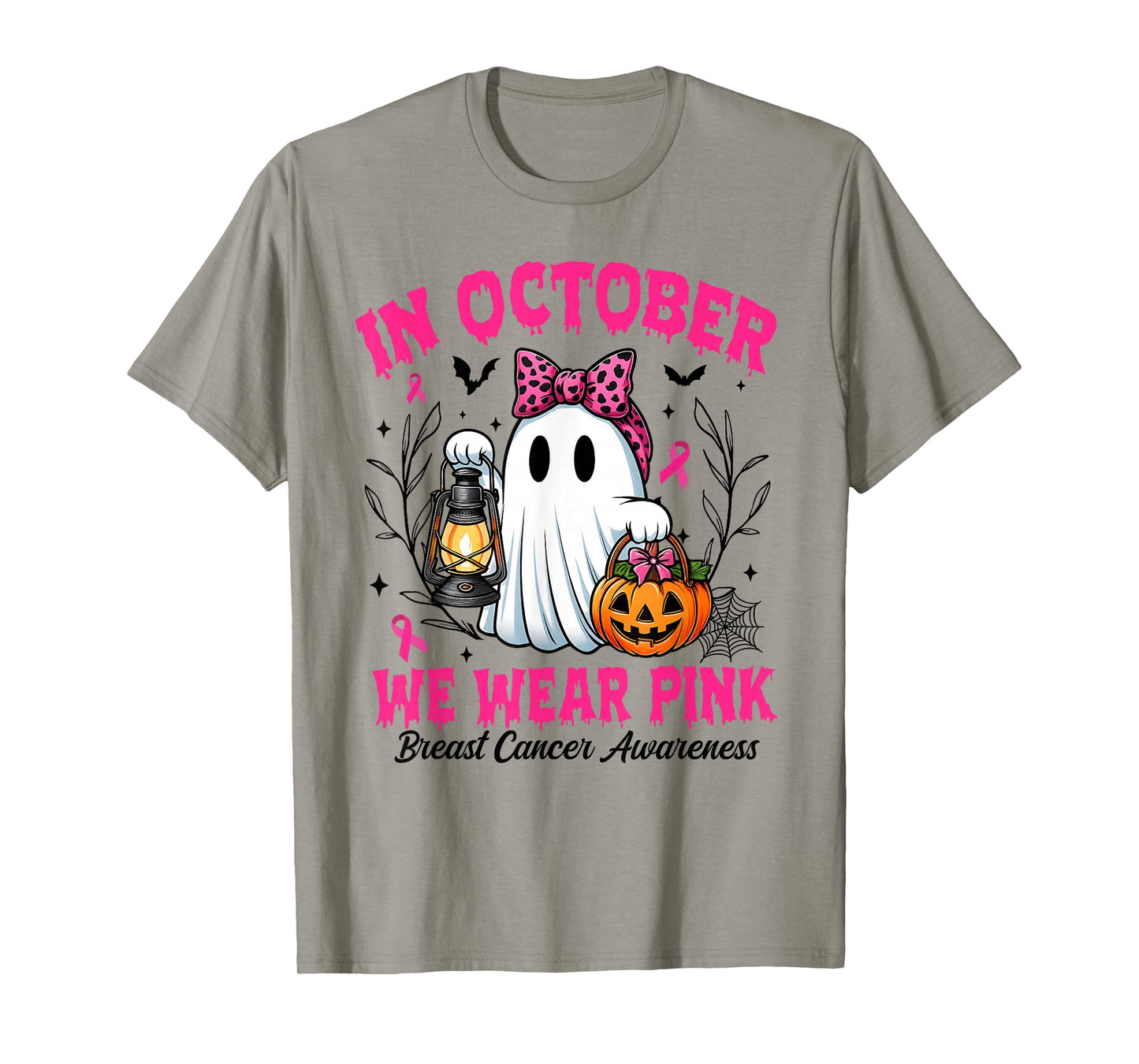 in October We Wear Pink Ghost Witch Breast Cancer Awareness T-Shirt