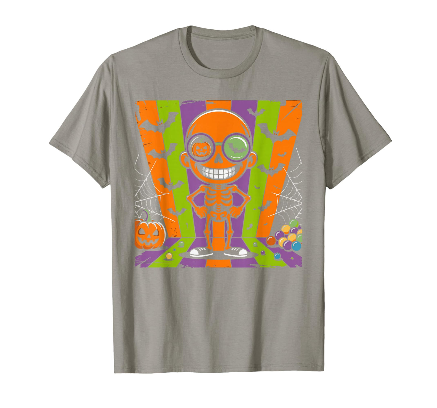 Funny Retro Skeleton with Candy Pumpkin Glasses Halloween T-Shirt