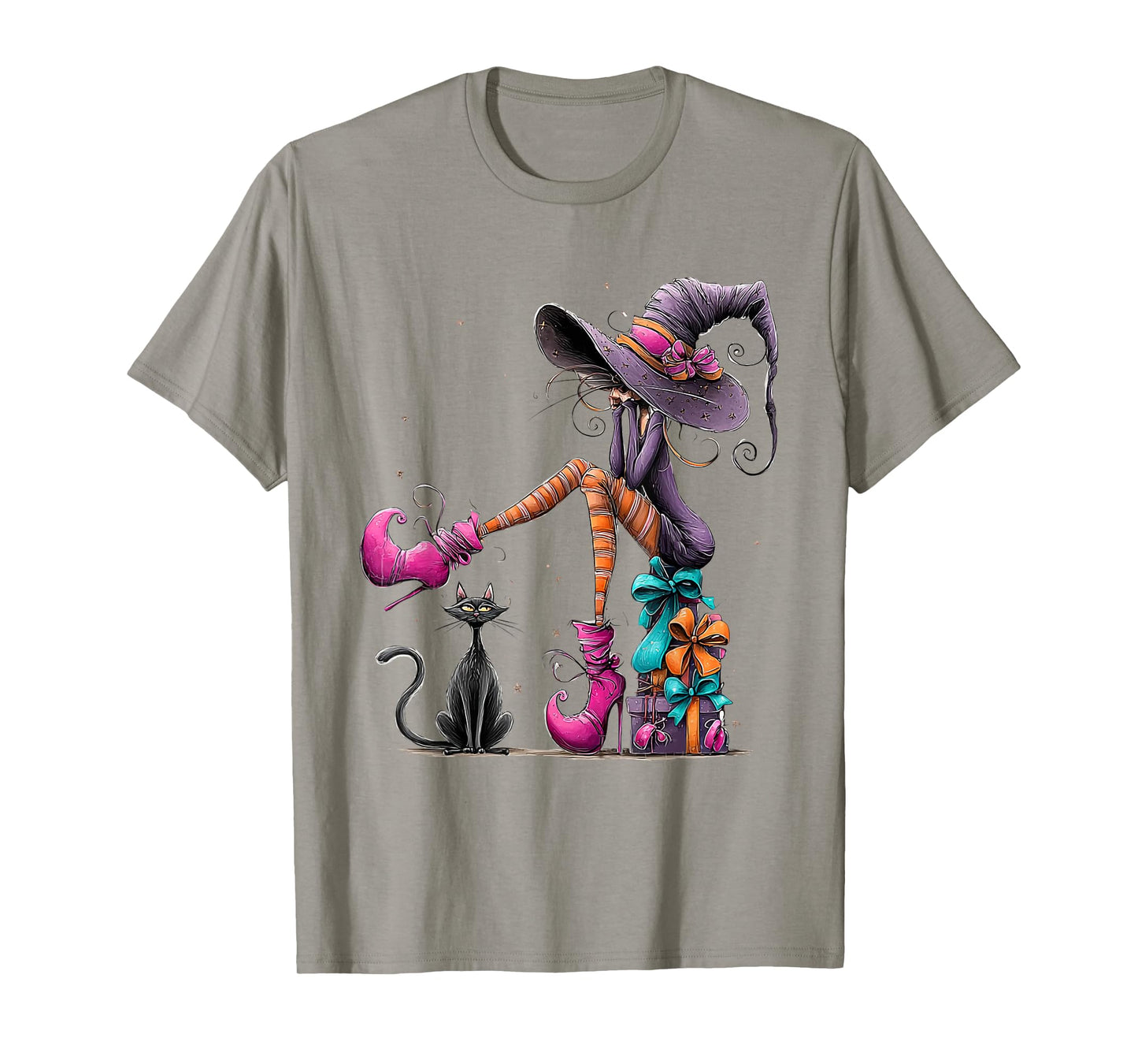 Spooky Witch High Heels with Black Cat Halloween Pumpkin T-Shirt