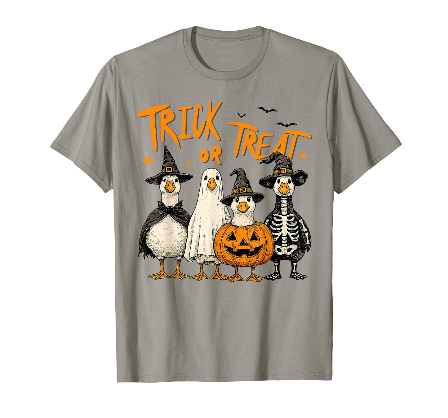 Trick or Treat Funny Halloween Goose Pumpkin Ghost Skeleton T-Shirt