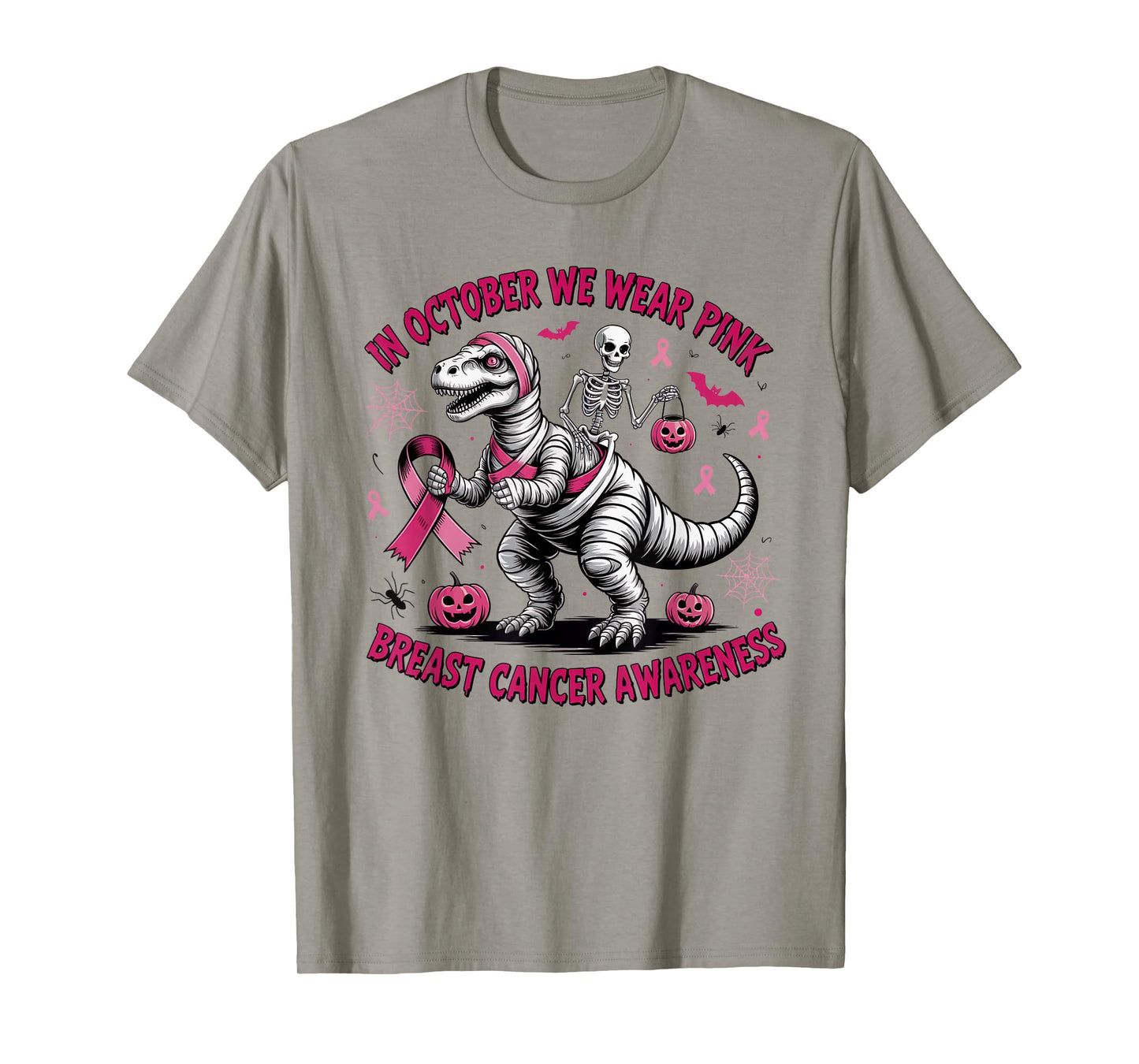 in October We Wear Pink Dinosaur Skeleton Breast Cancer T-Shirt
