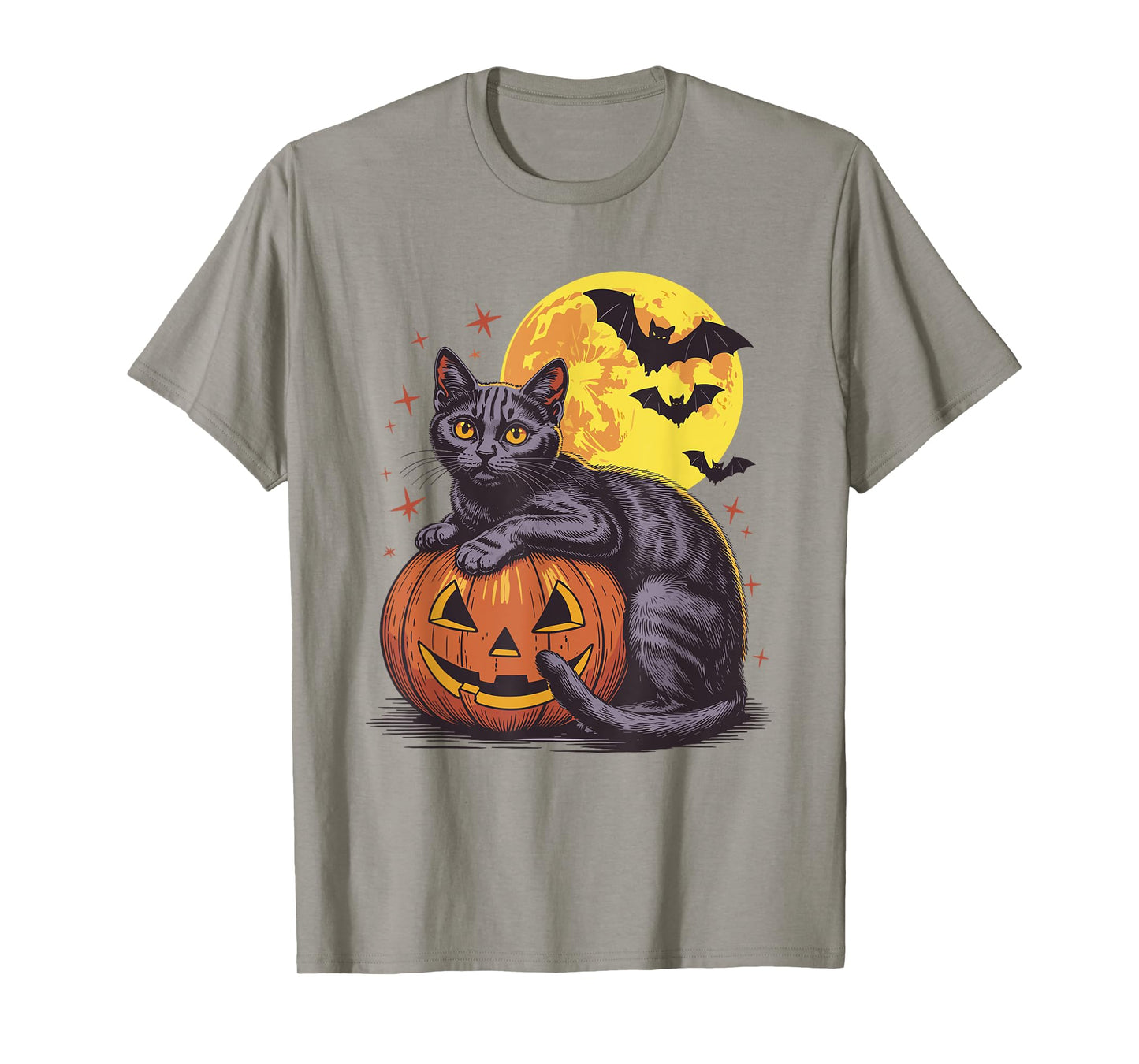 Retro Black Cat Pumpkin Halloween - Spooky Moon Bats Costume T-Shirt