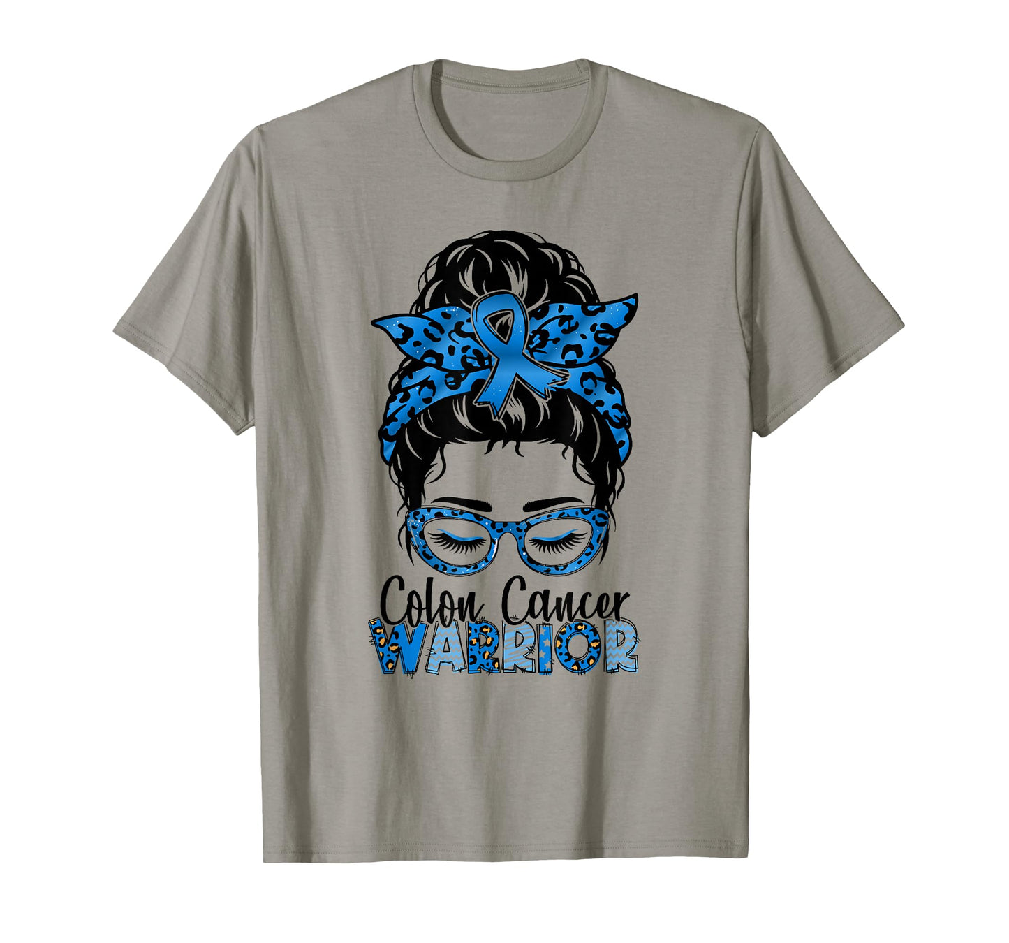 Worrior Messy bun Blue Colon Cancer Awareness Bleached T-Shirt