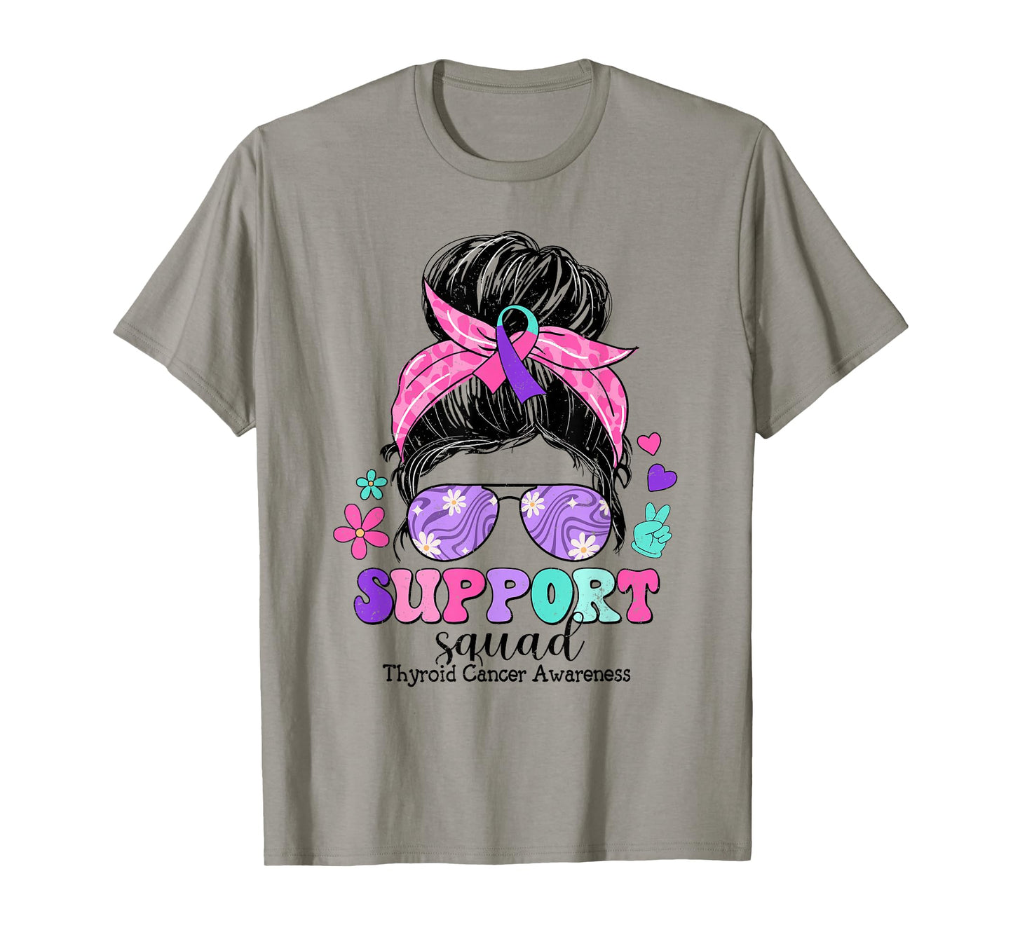 Groovy Support Squad Messy Bun Thyroid Cancer Awareness T-Shirt