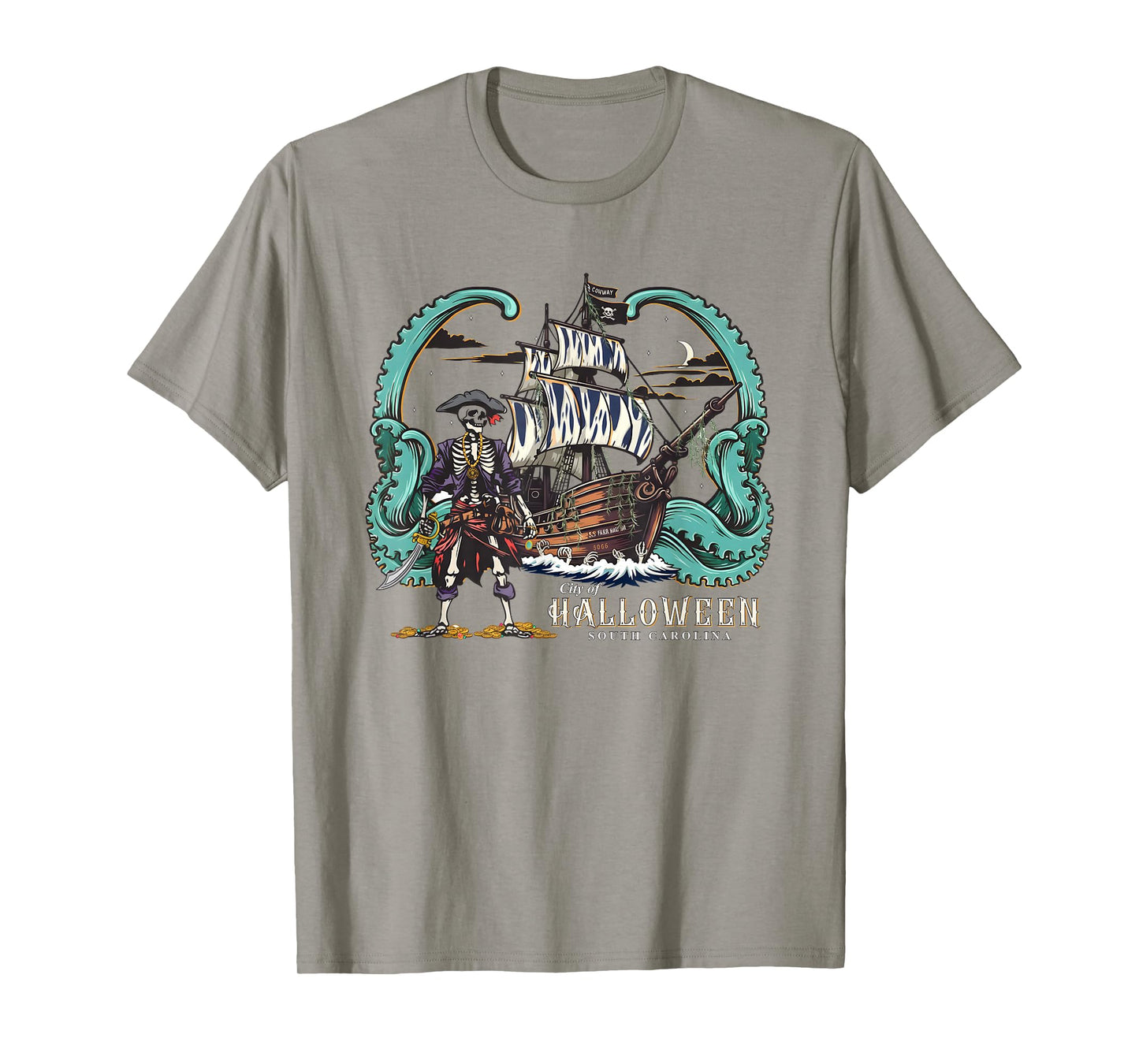 Pirate Ship Skeleton Halloween T-Shirt