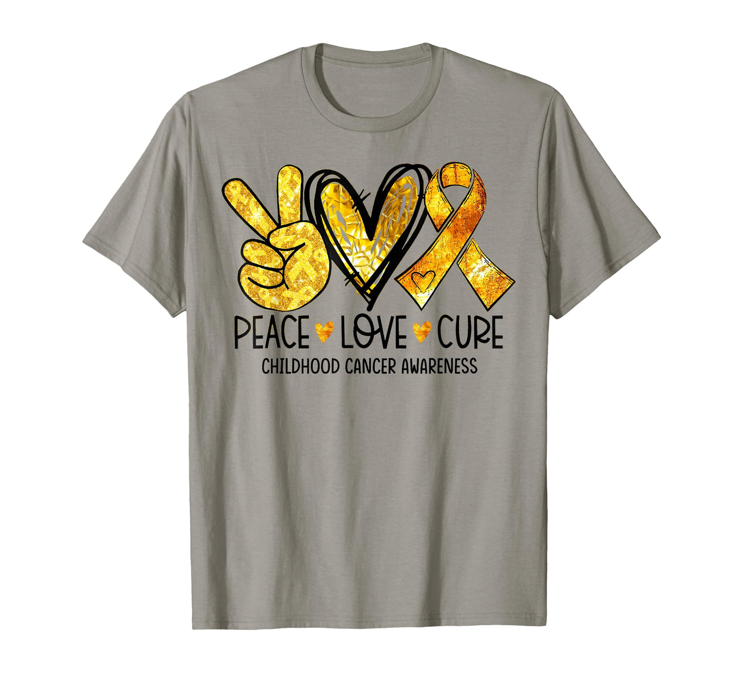 Peace Love Cure Gold Heart Ribbon Childhood Cancer Awareness T-Shirt
