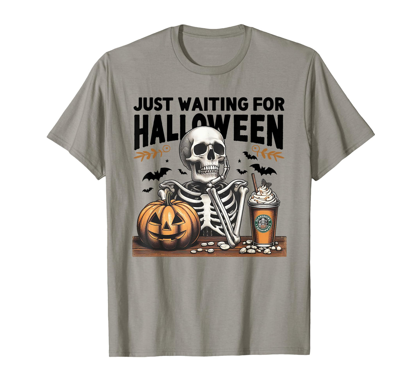 Just Waiting For Halloween Skeleton Ice Coffee Pumpkin T-Shirt