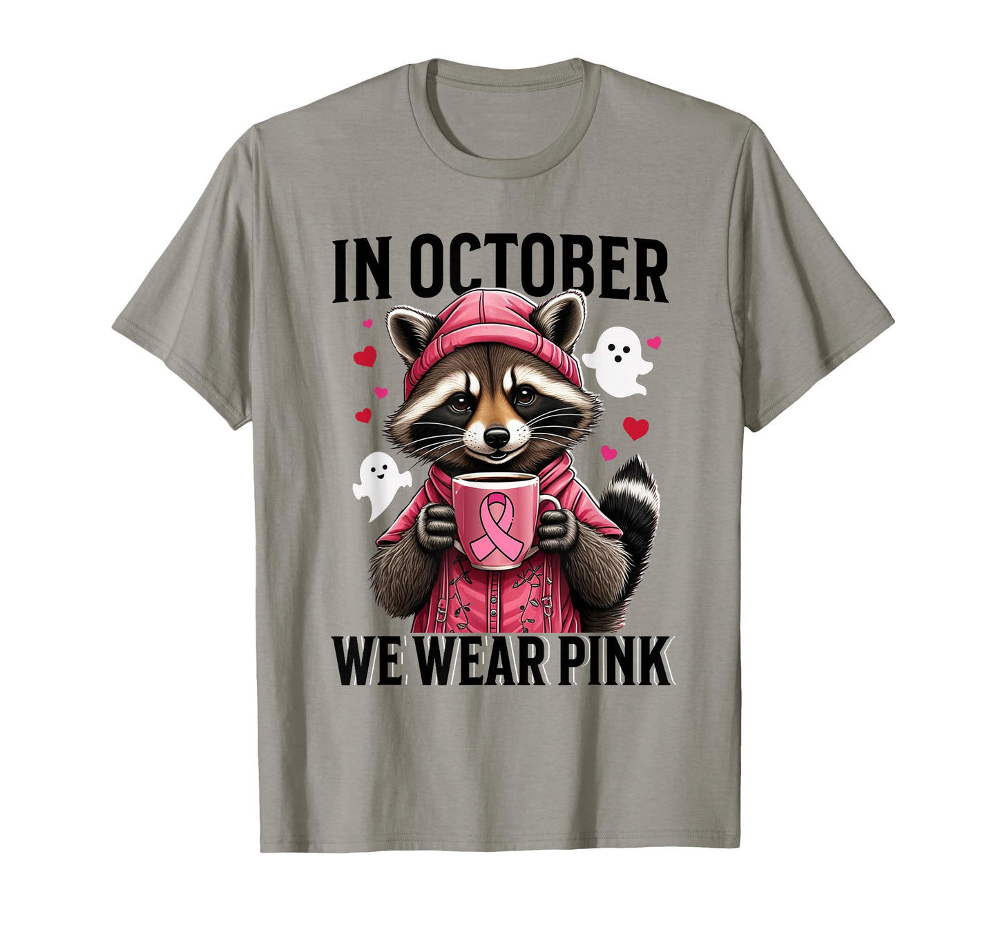 In October We Wear Pink Cute Raccoon Ghost Coffee Drink Pink T-Shirt