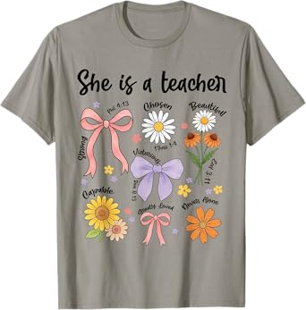Christian She Is A Teacher Girly Coquette Bow Floral Faith T-Shirt