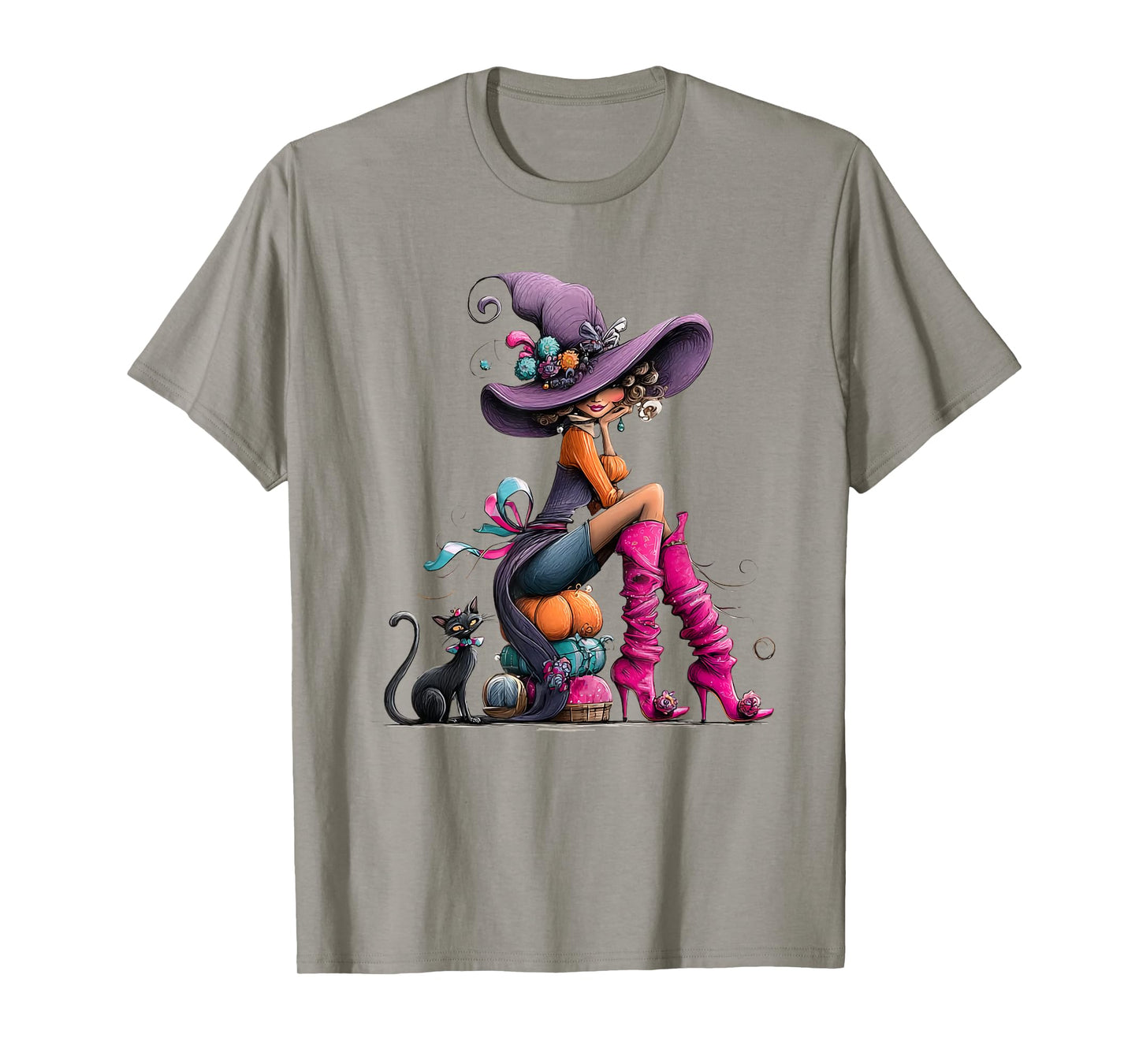 Spooky Witch High Heels with Black Cat Halloween Pumpkin T-Shirt
