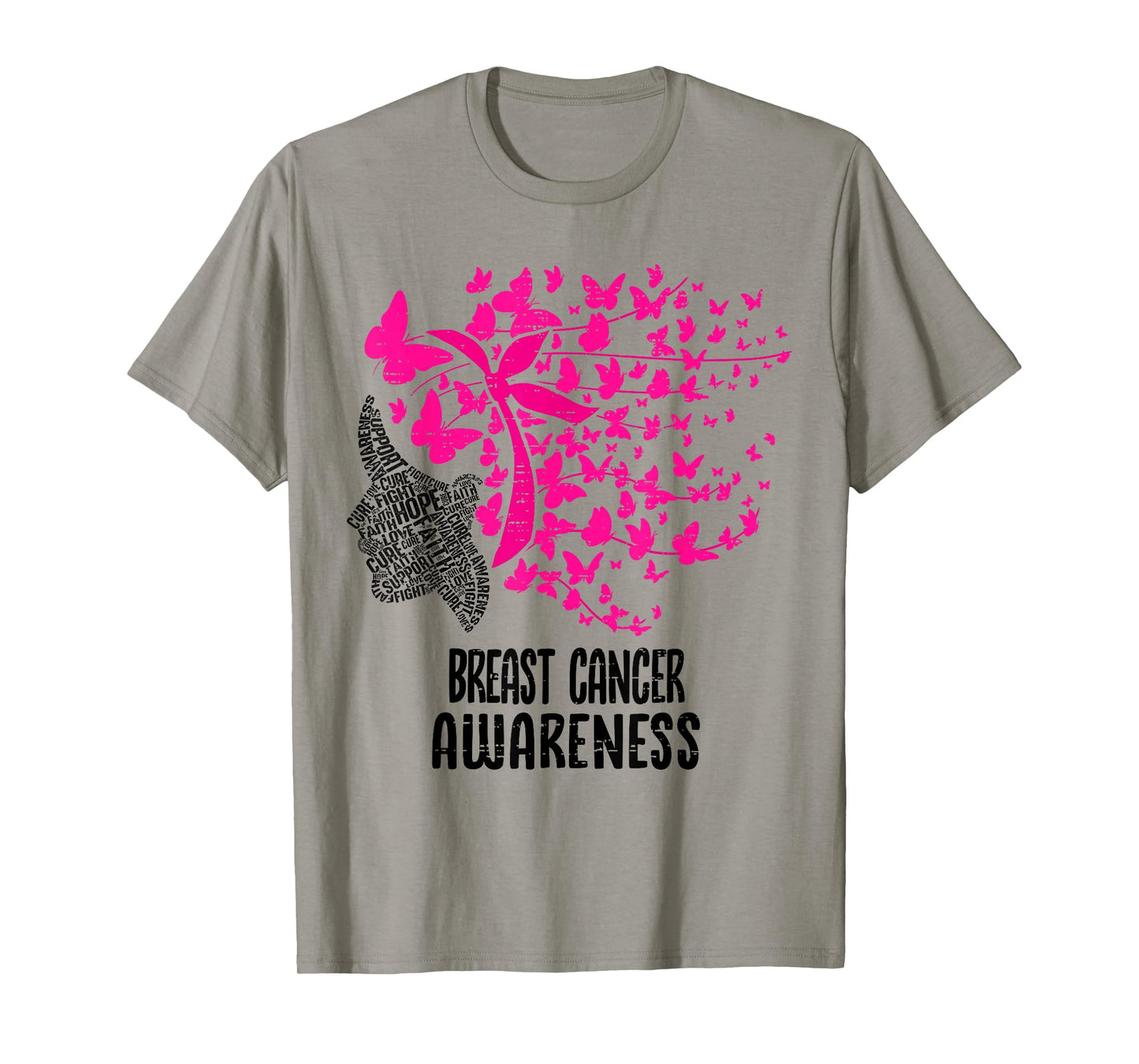 Breast Cancer Awareness Butterfly Hair Pink Ribbon Womens T-Shirt