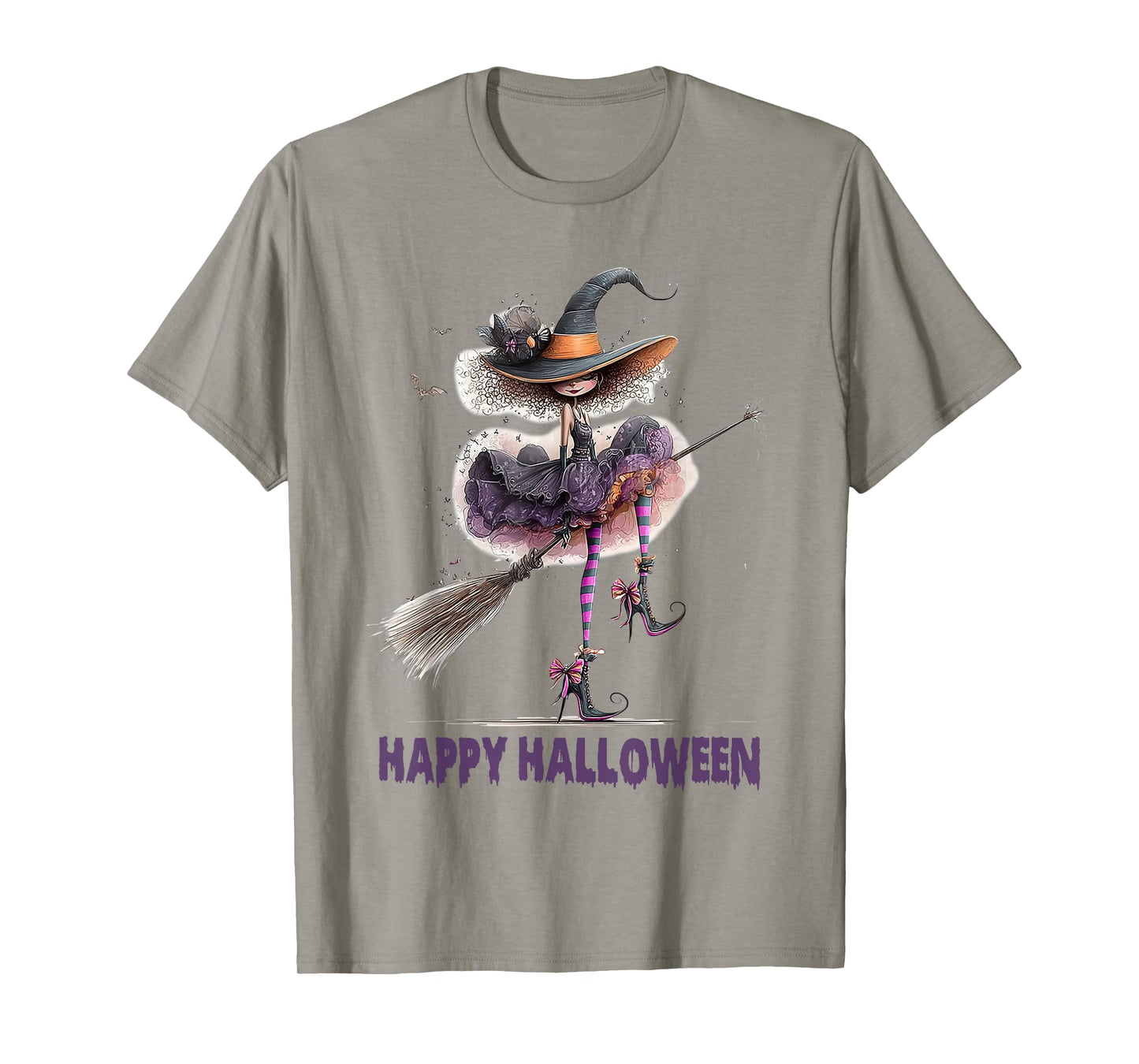 Spooky Witch High Heels with Black Cat Halloween Pumpkin T-Shirt