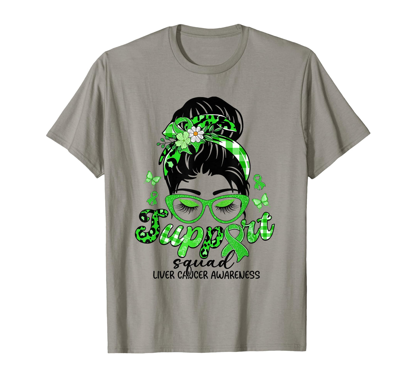 Support Squad Messy Bun Leopard Liver Cancer Awareness T-Shirt